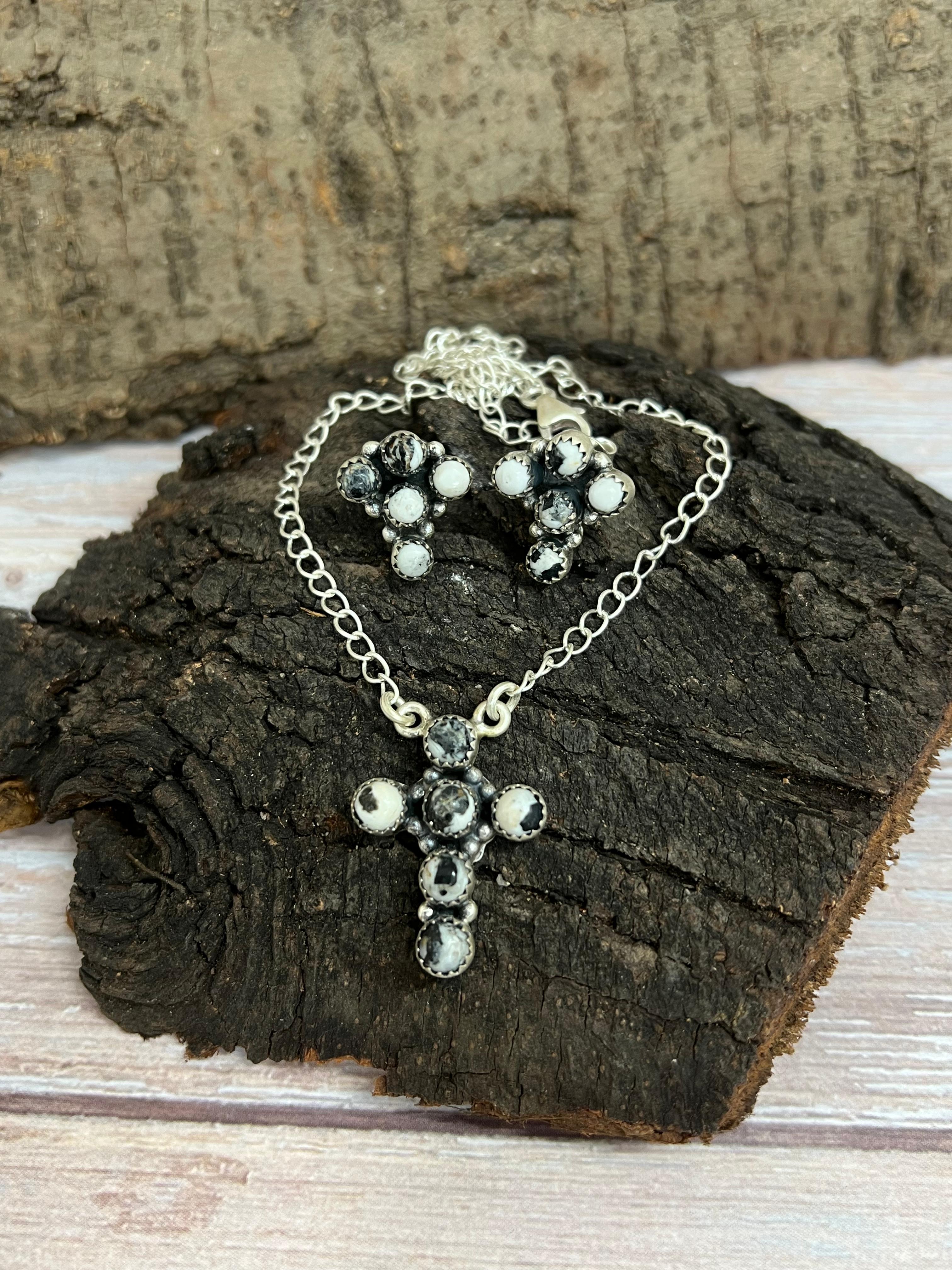 Handmade Sterling Silver White Buffalo Cross Necklace & Earrings Set Signed Nizhoni