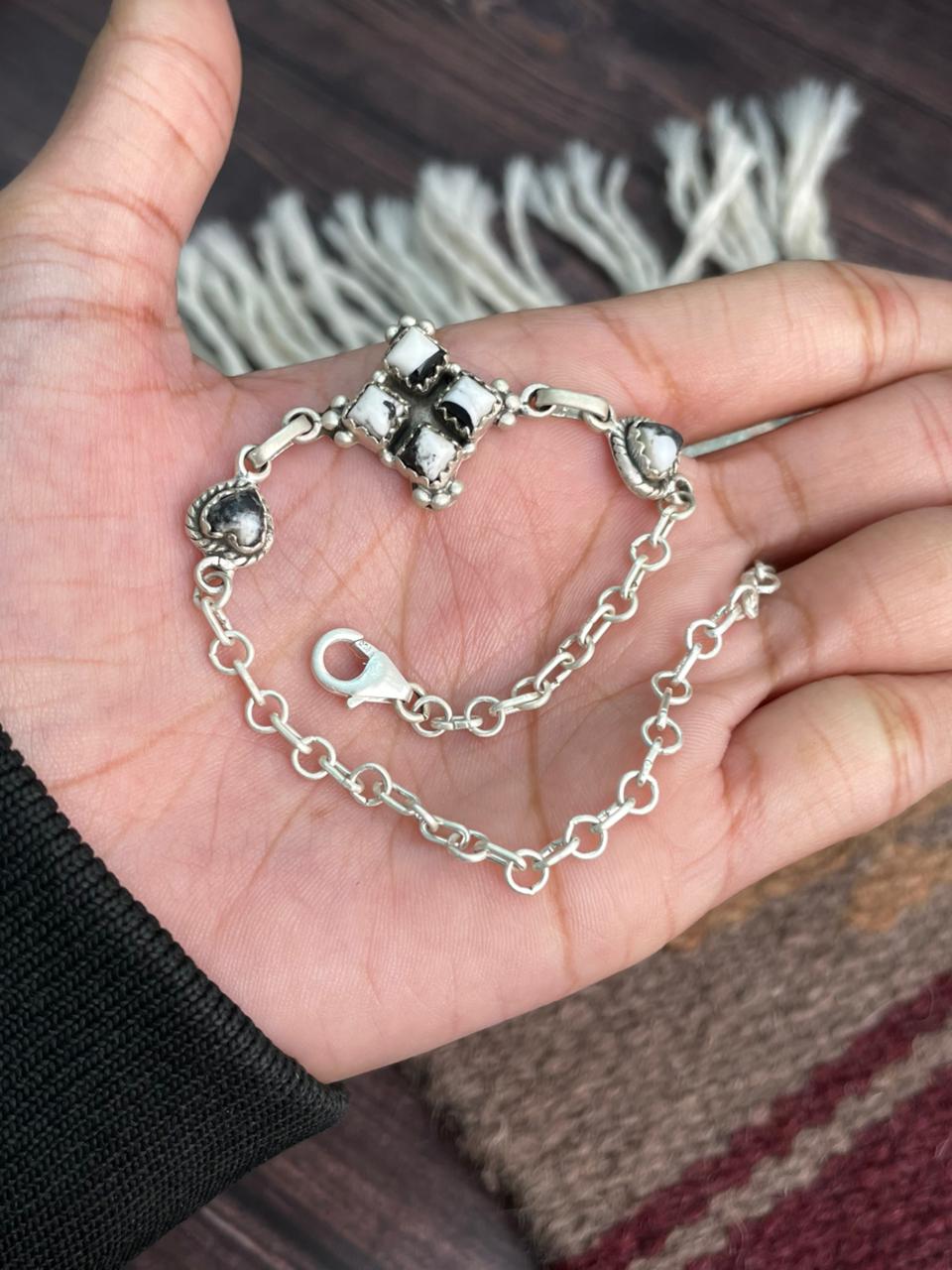 Handmade Sterling Silver White Buffalo Chain Bracelet "Signed Nizhoni"