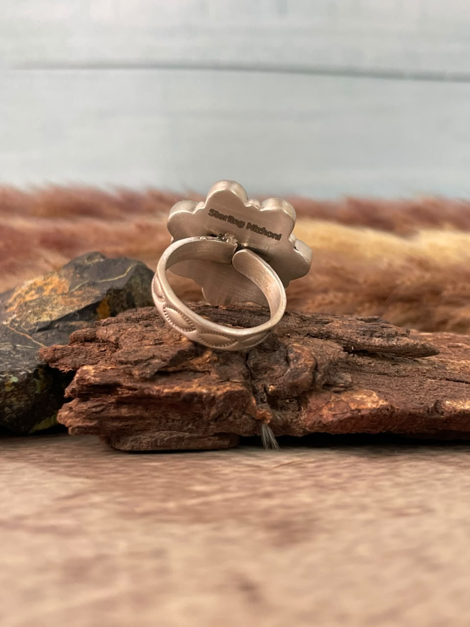 Handmade Sterling Silver Number 8 Turquoise Collection: Adjustable Ring Signed Nizhoni
