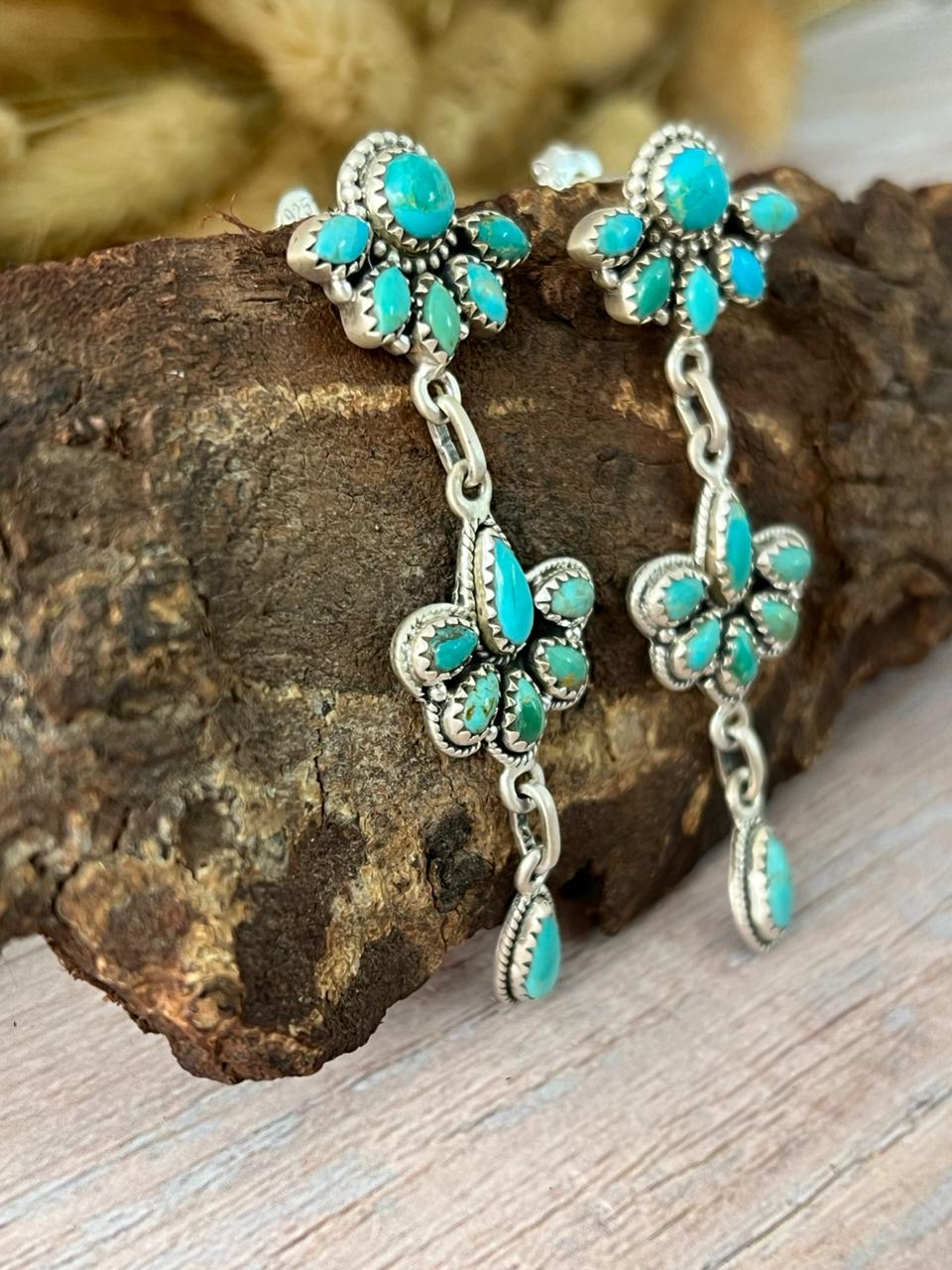 Handmade Sterling Silver Kingman Turquoise Post Dangle Earrings "Signed Nizhoni"