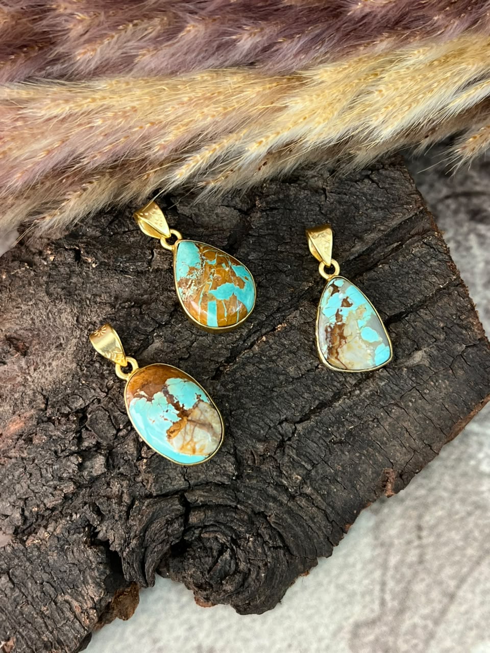 “The Golden Collection” Handmade Sterling Gold over Silver Royston Turquoise Pendant Signed Nizhoni