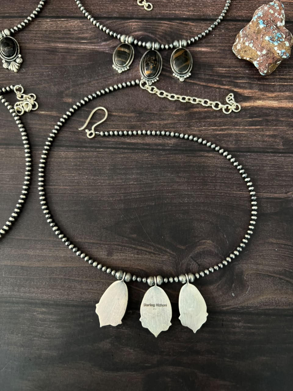 Handmade Sterling Silver Blackjack Turquoise Collection: Beaded Necklace Signed Nizhoni