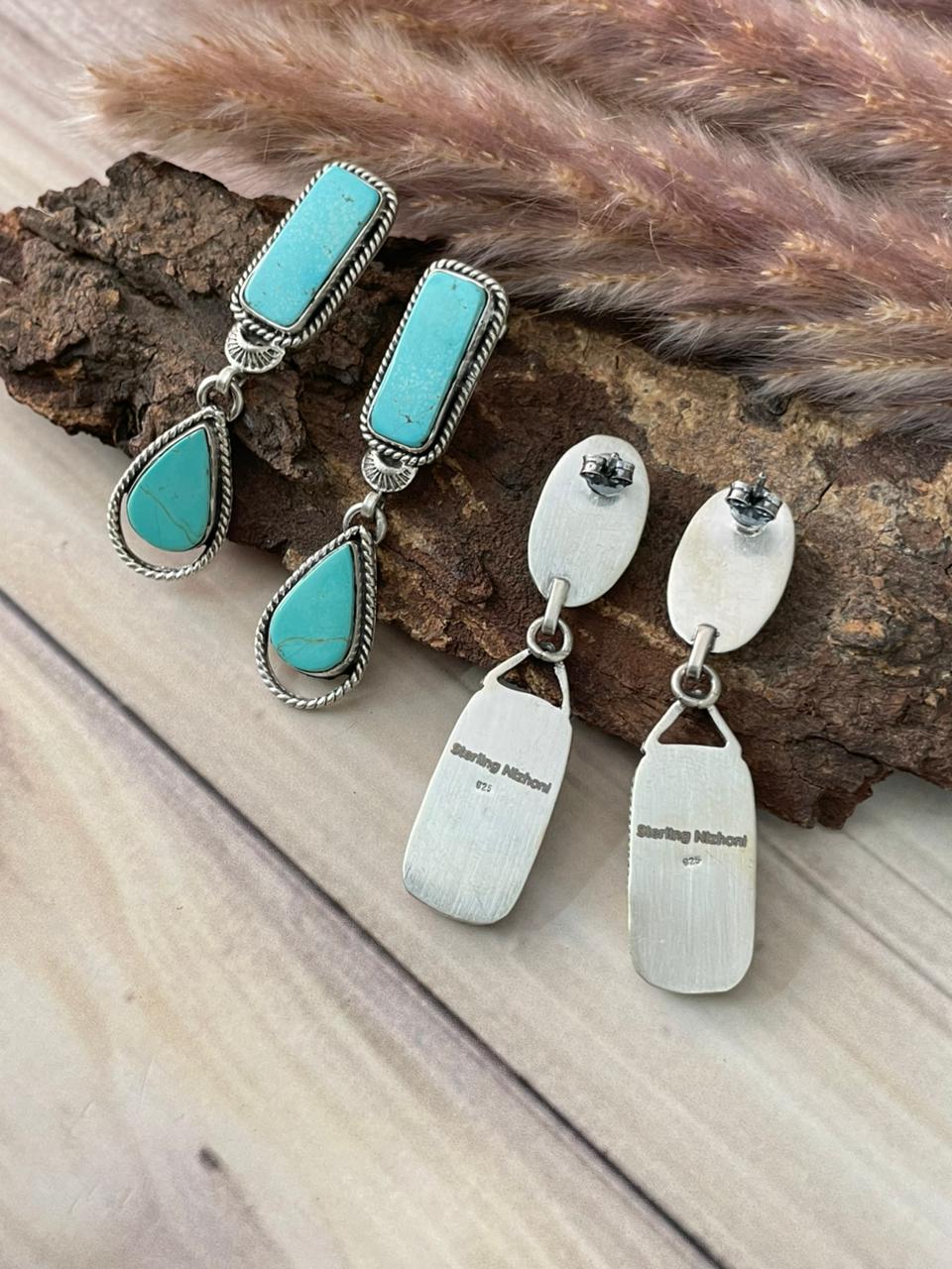 Handmade Sterling Silver Green Kingman Turquoise Collection: Post Dangle Earrings Signed Nizhoni