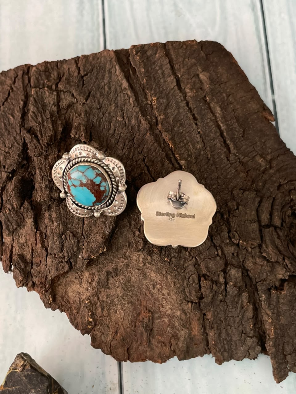 Handmade Sterling Silver Egyptian Turquoise Collection: Post Studs Earrings Signed Nizhoni