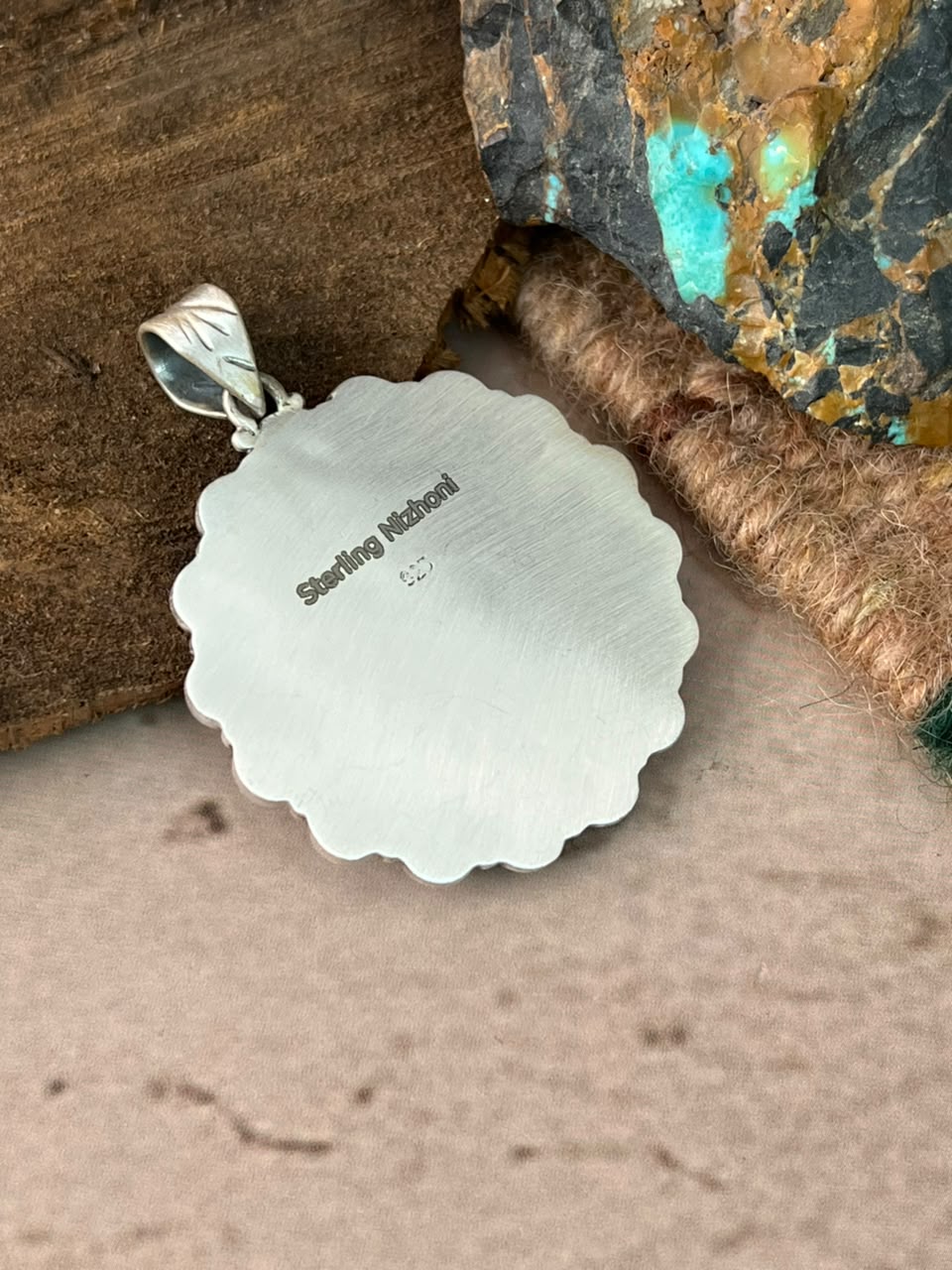 Handmade Sterling Silver Kingman Turquoise with White Buffalo Pendant Signed Nizhoni