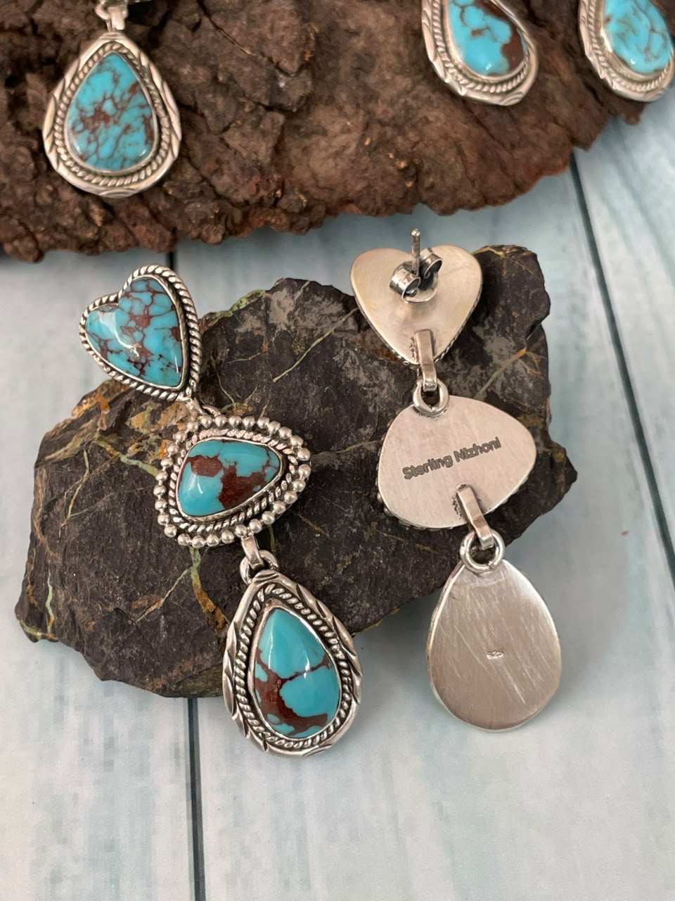 Handmade Sterling Silver Egyptian Turquoise Collection: Post Dangle Earrings Signed Nizhoni