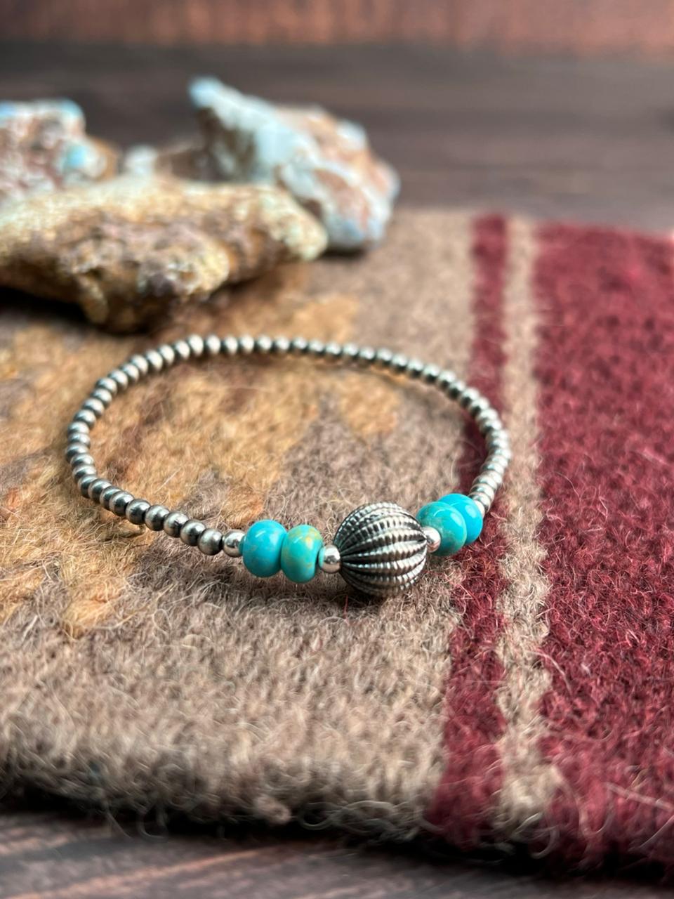 Handmade Sterling Silver Beaded Kingman Turquoise Bracelet