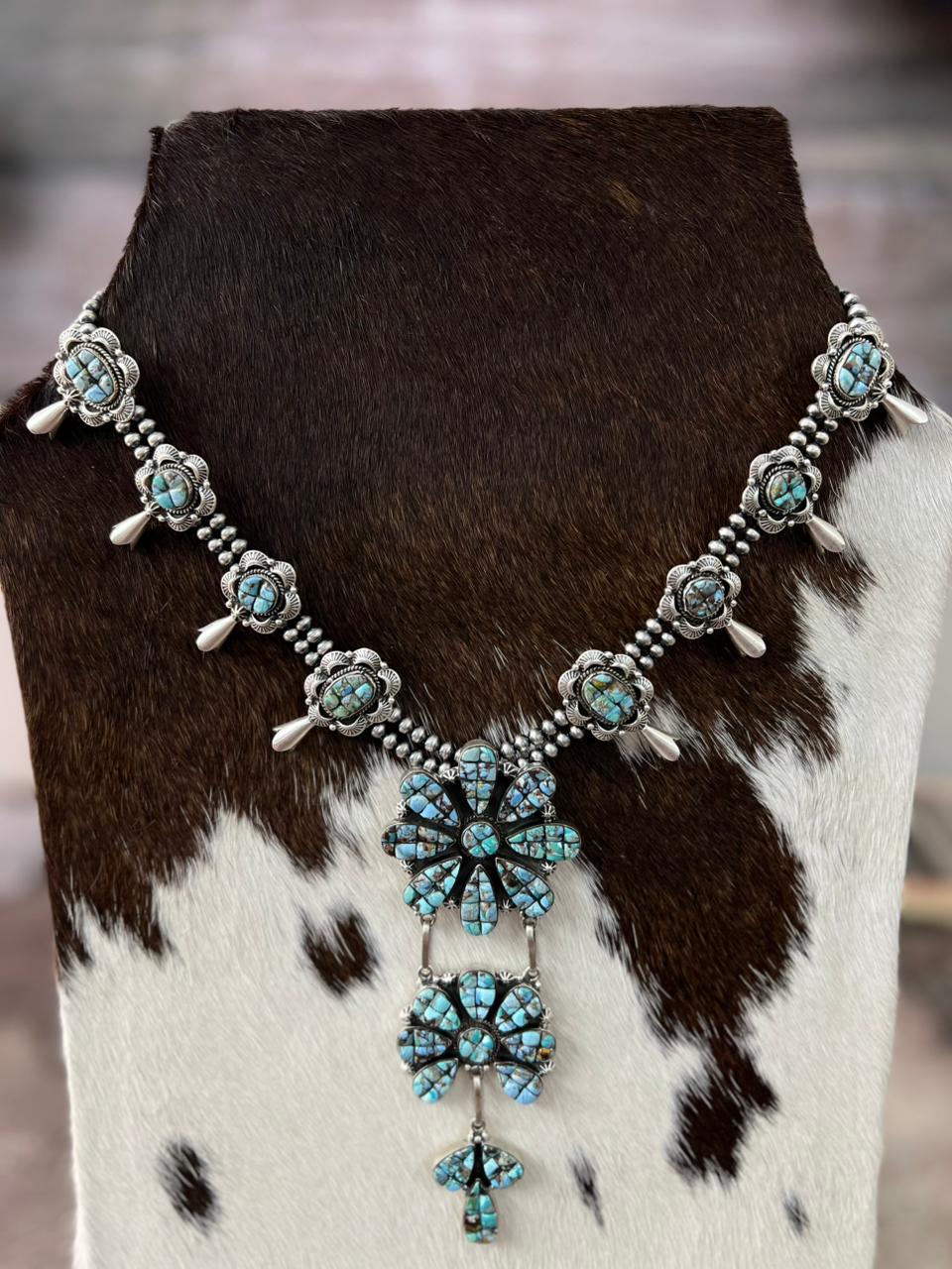 Handmade Sterling Silver 'Golden Hills Turquoise Cobble Collection' Squash Blossom Necklace "Signed Nizhoni"