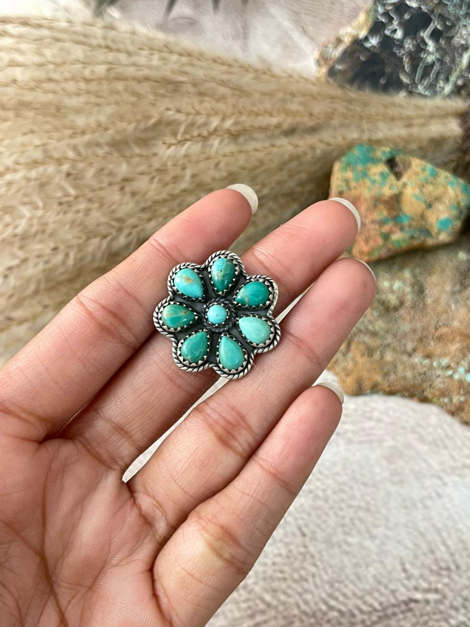 Handmade Sterling Silver Kingman Turquoise Adjustable Ring "Signed Nizhoni"