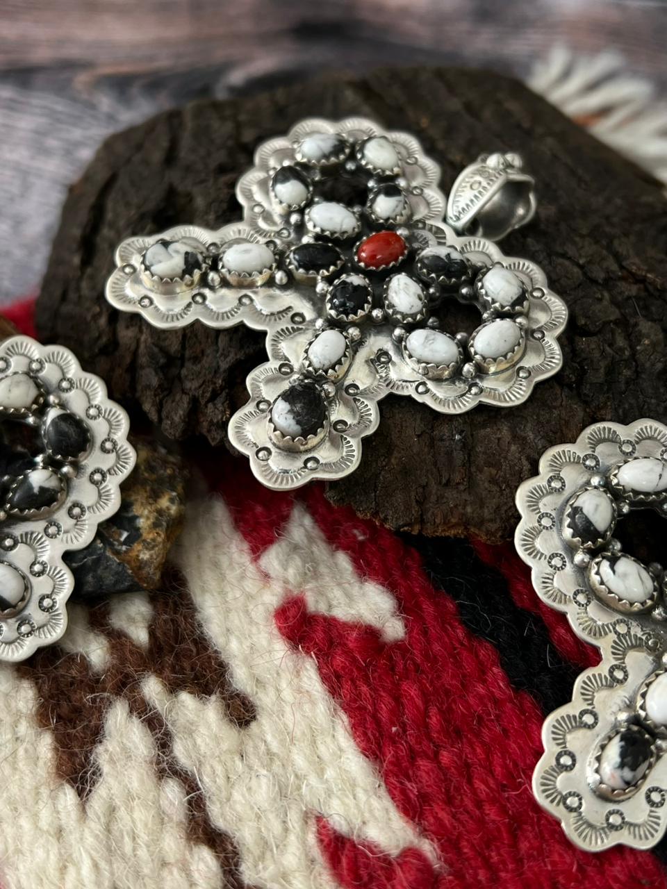 "Christmas Collection" Handmade Sterling Silver White Buffalo with Coral Pendant "Signed Nizhoni"