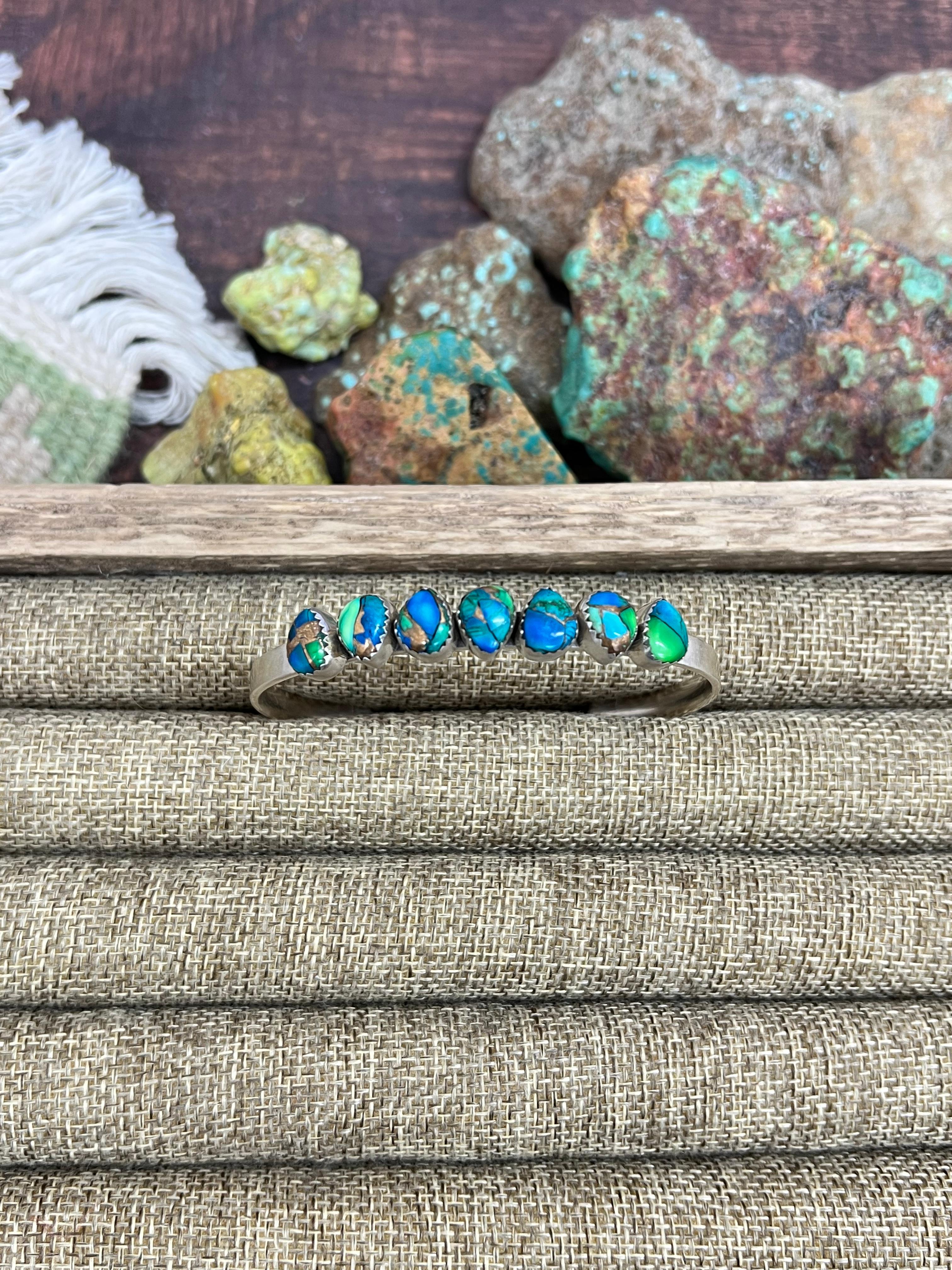 Handmade Sterling Silver Peacock Dahlia Cuff Bracelet with Signed Nizhoni