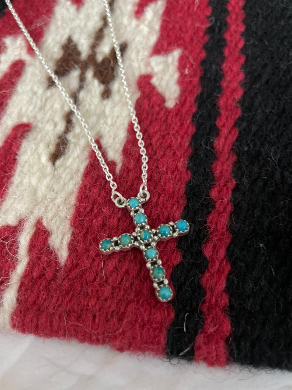 Handmade Sterling Silver Kingman Turquoise Cross Necklace "Signed Nizhoni"