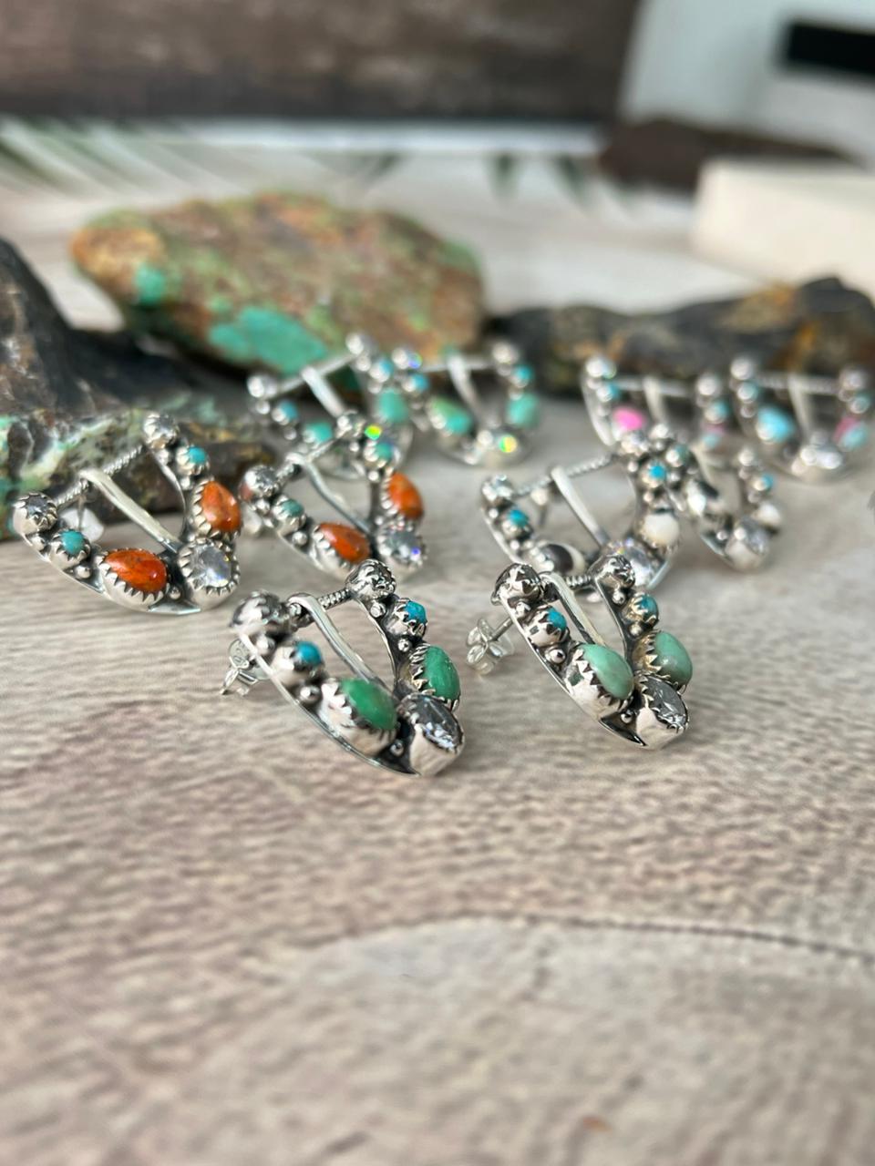 Handmade Sterling Silver Multi Stone Post Studs Earrings "Signed Nizhoni"