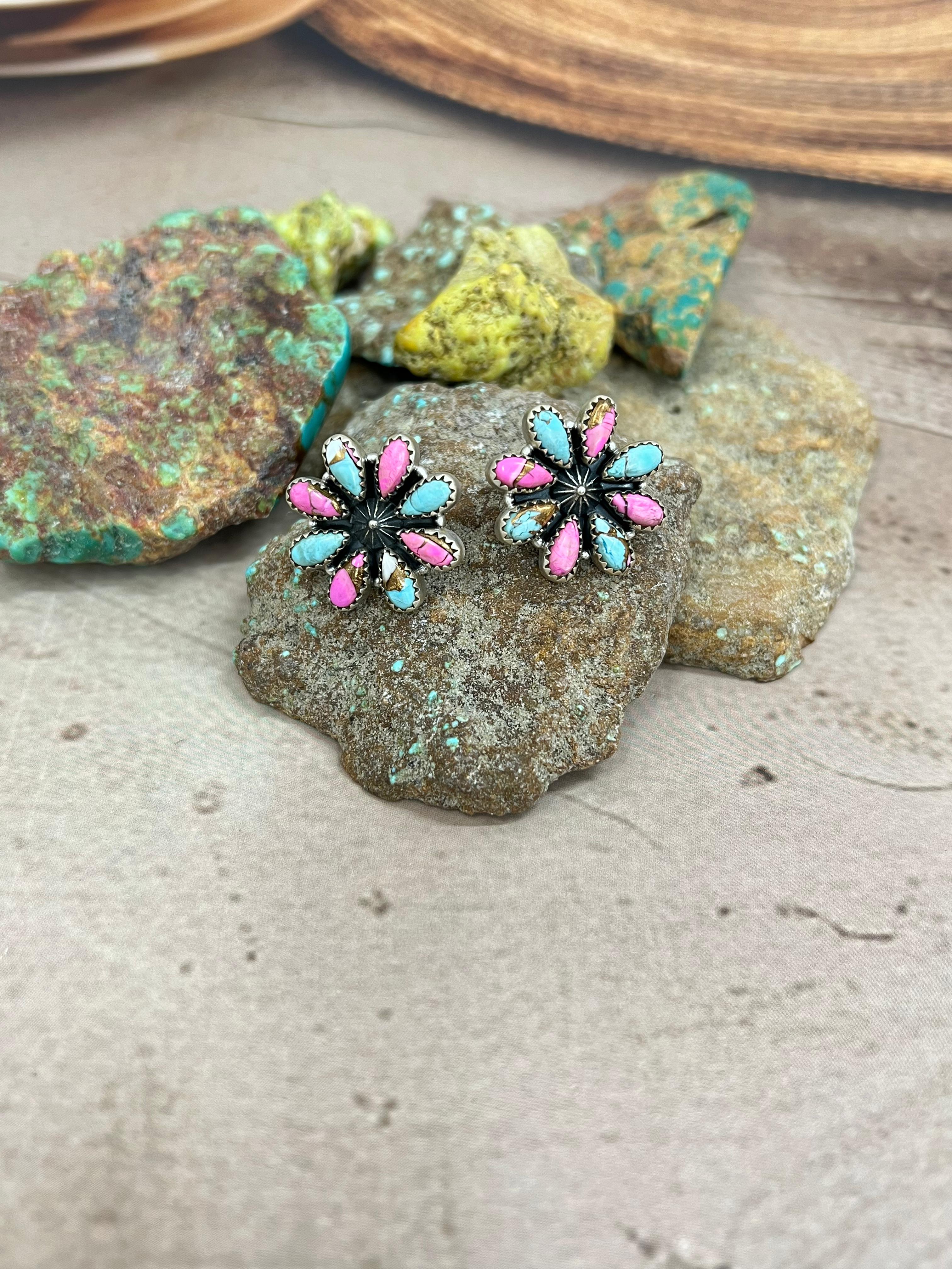 Handmade Sterling Silver Cotton Candy Turquoise Flower Post Earrings with Signed Nizhoni
