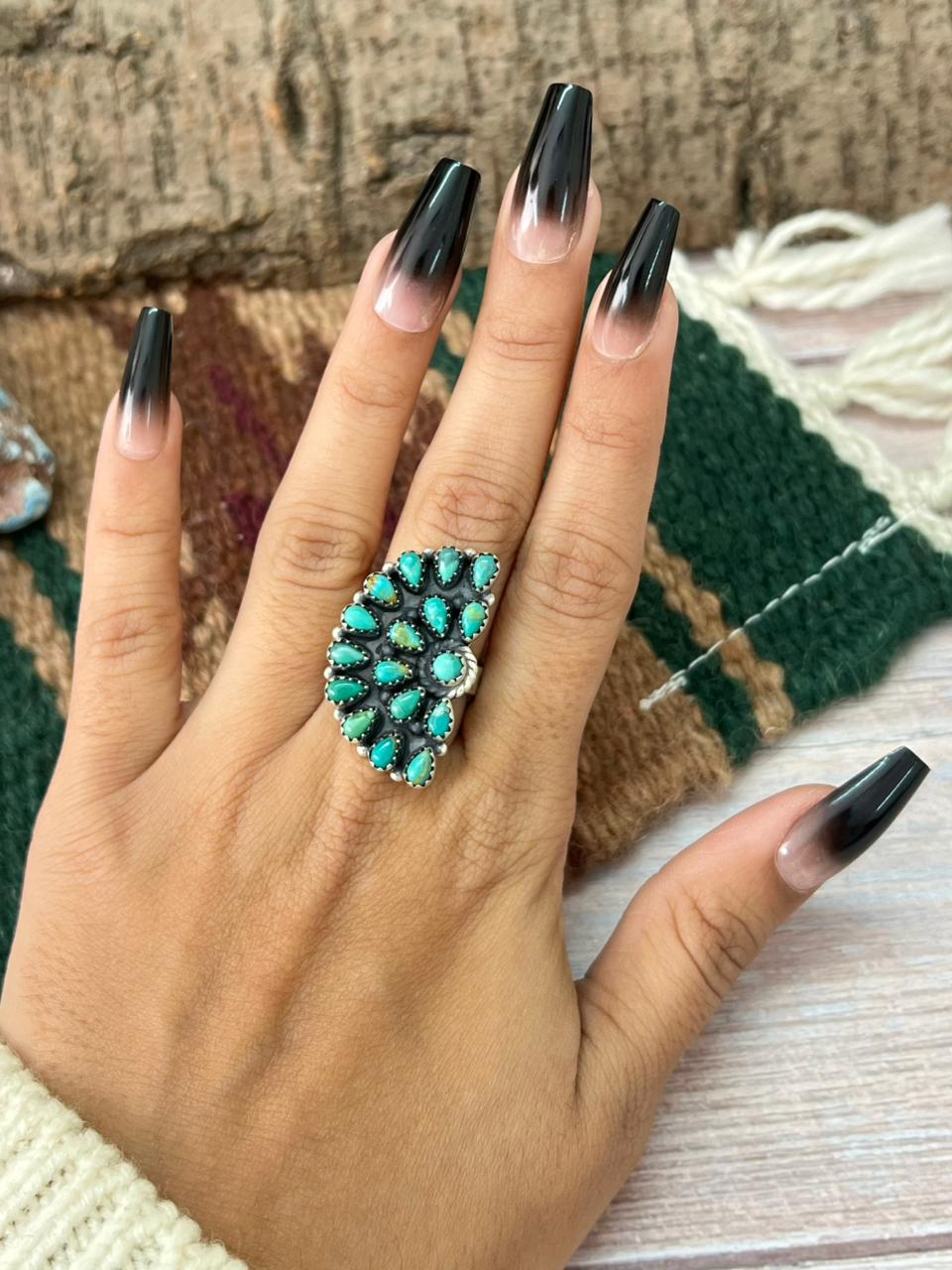 Handmade Sterling Silver Kingman Turquoise Adjustable Ring "Signed Nizhoni"