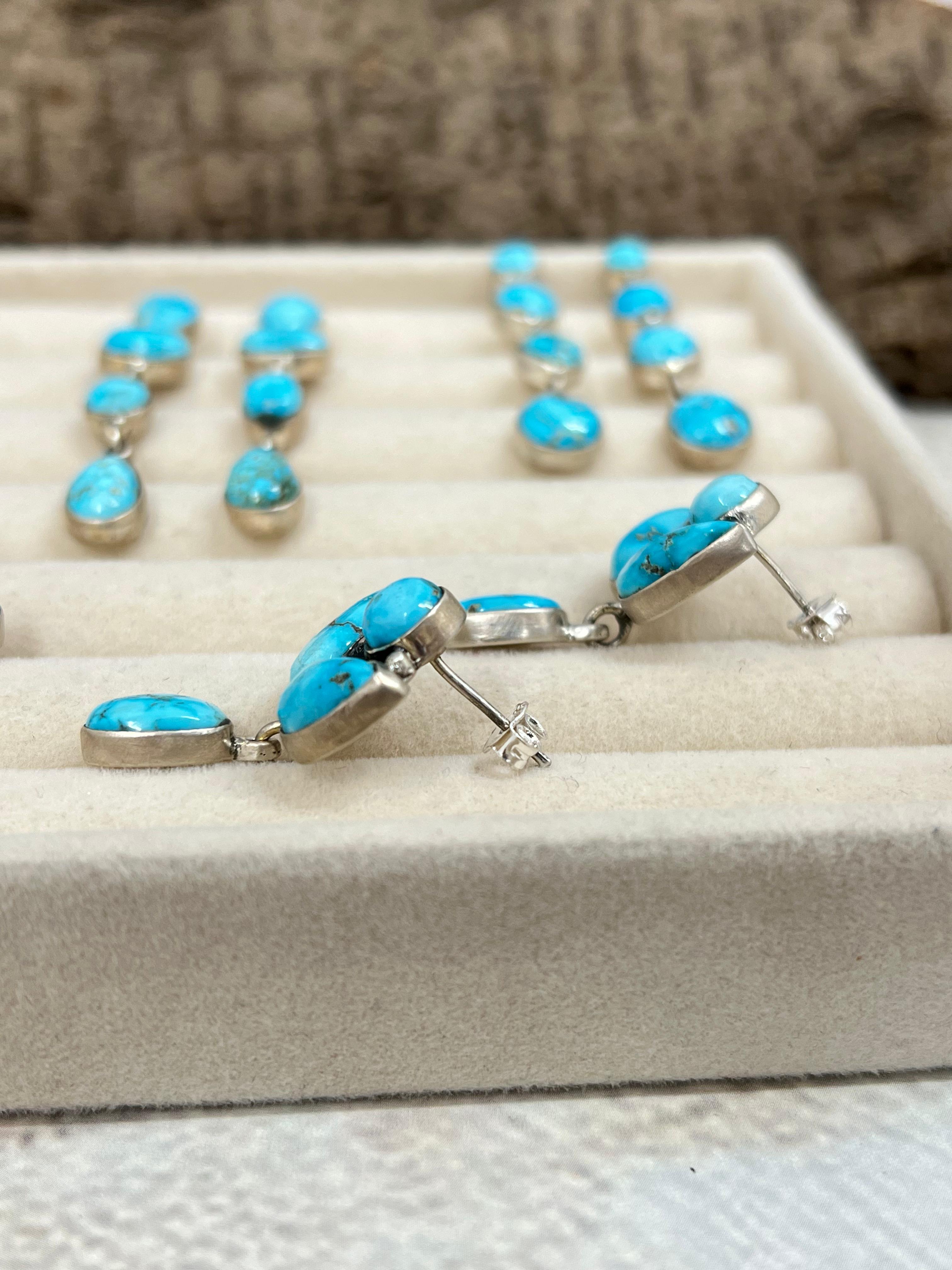Handmade Sterling Silver Blue Bird Turquoise Dangle Earrings with Signed Nizhoni
