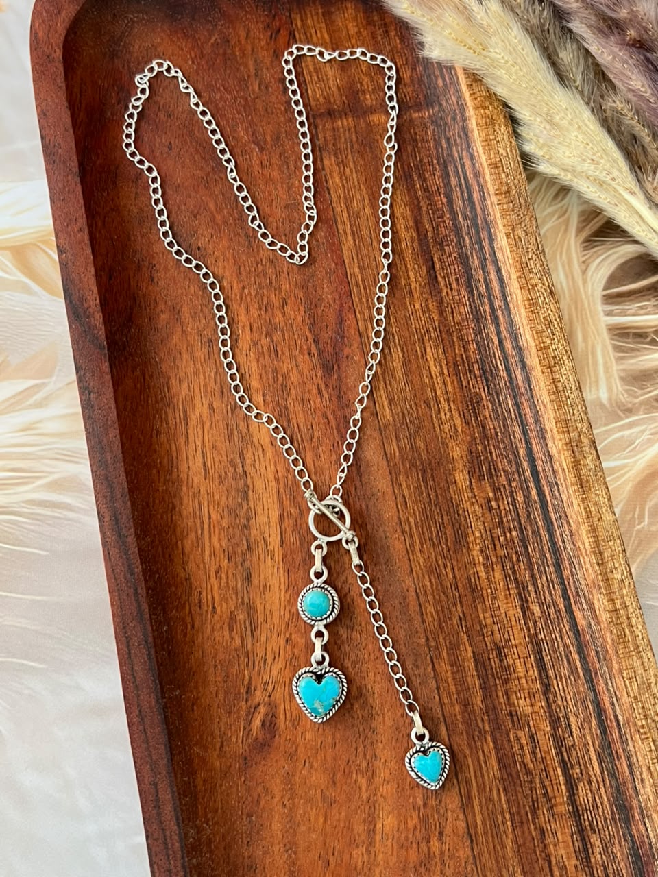 Handmade Sterling Silver Kingman Turquoise Heart Lariat Necklace Signed Nizhoni