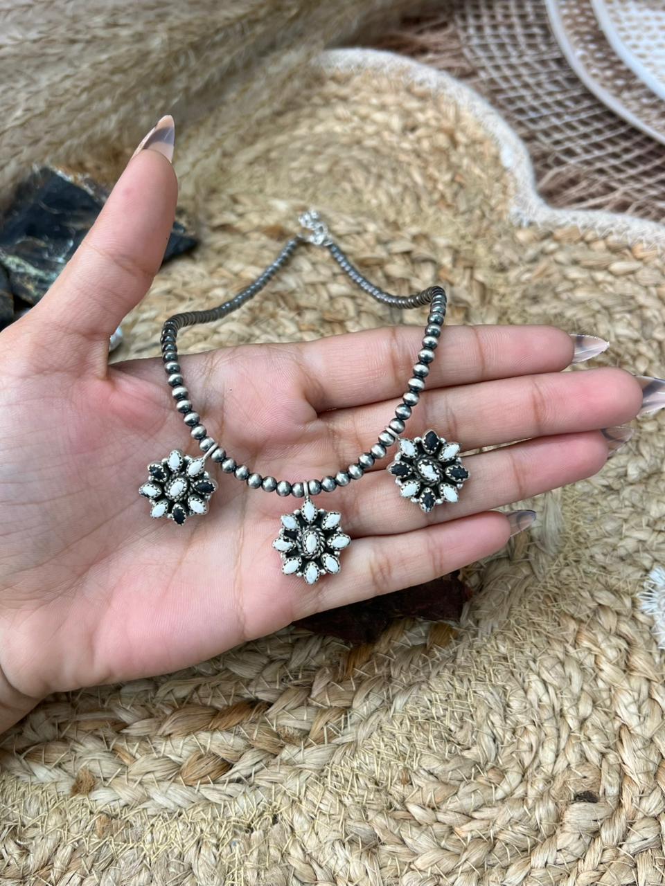 Handmade Sterling Silver White Buffalo Beaded Necklace "Signed Nizhoni"