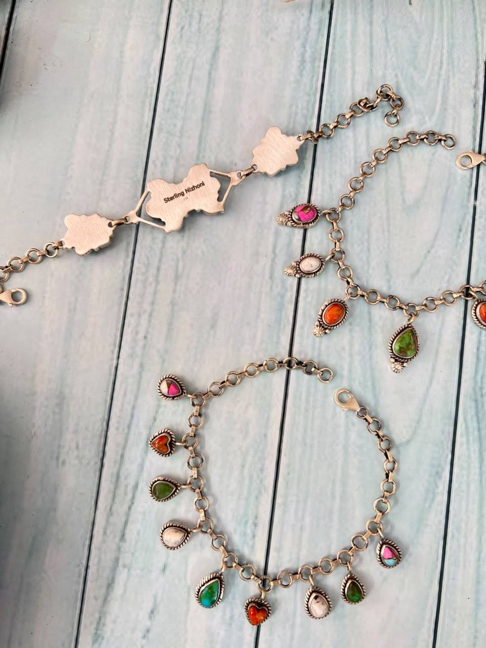 Handmade Sterling Silver Orange Mojave with White Buffalo, Sonoran Mountain and Cotton Candy Chain Bracelet Signed Nizhoni
