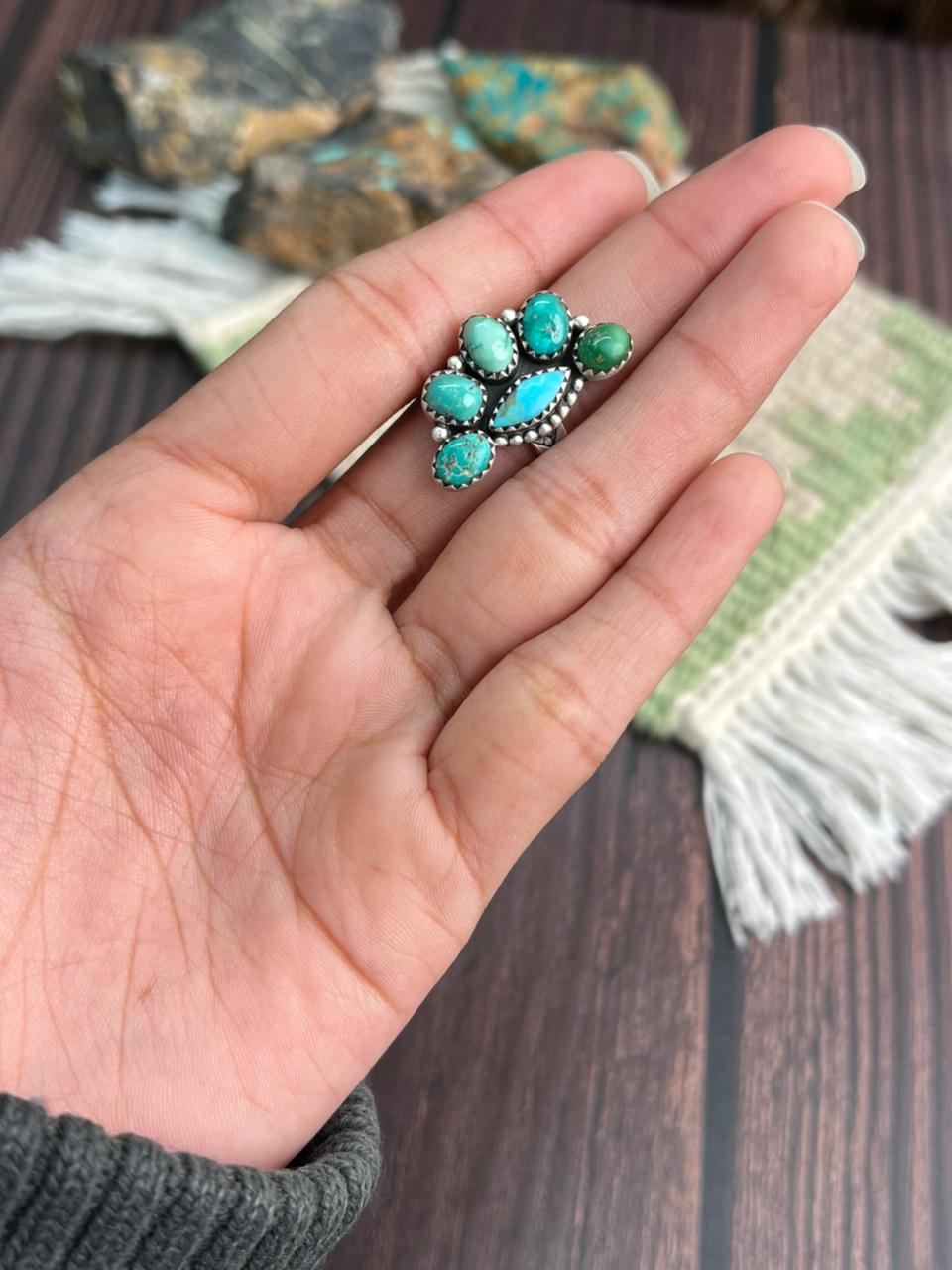 Handmade Sterling Silver Emerald Valley with Santa Maria Turquoise Adjustable Ring "Signed Nizhoni"