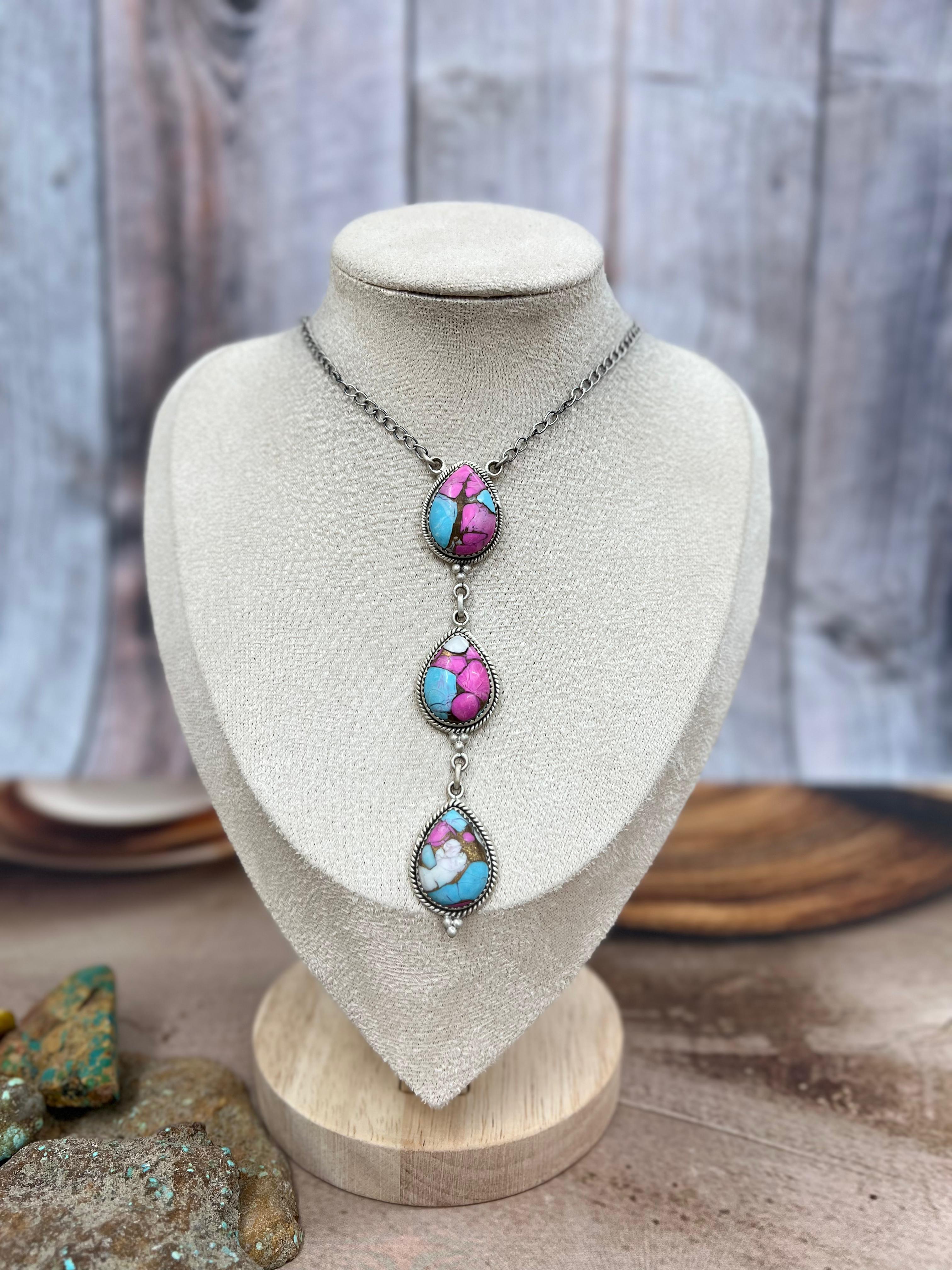 Handmade Sterling Silver Cotton Candy Turquoise Necklace with Signed Nizhoni