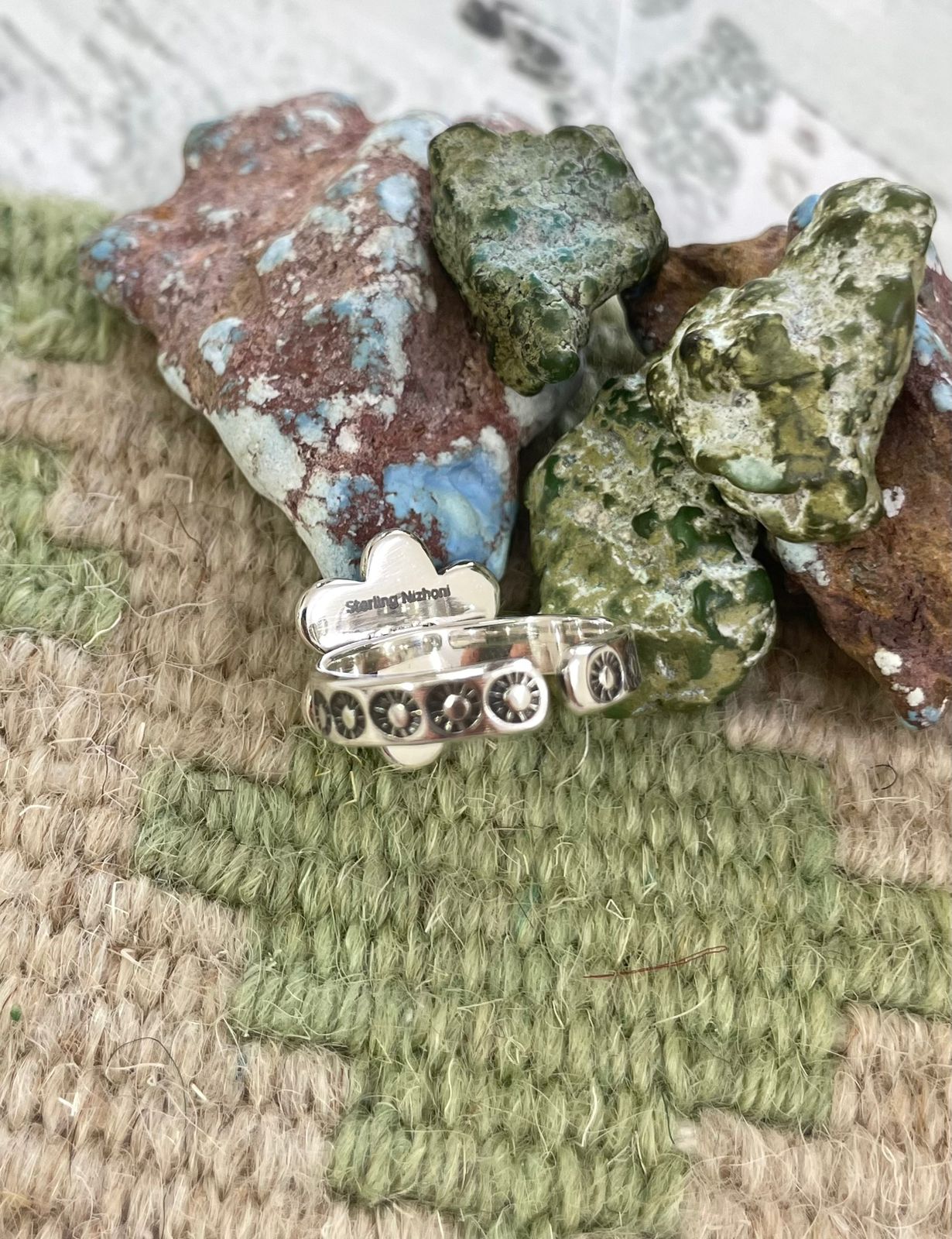 Handmade Sterling Silver Kingman Turquoise Adjustable Ring with Signed Nizhoni