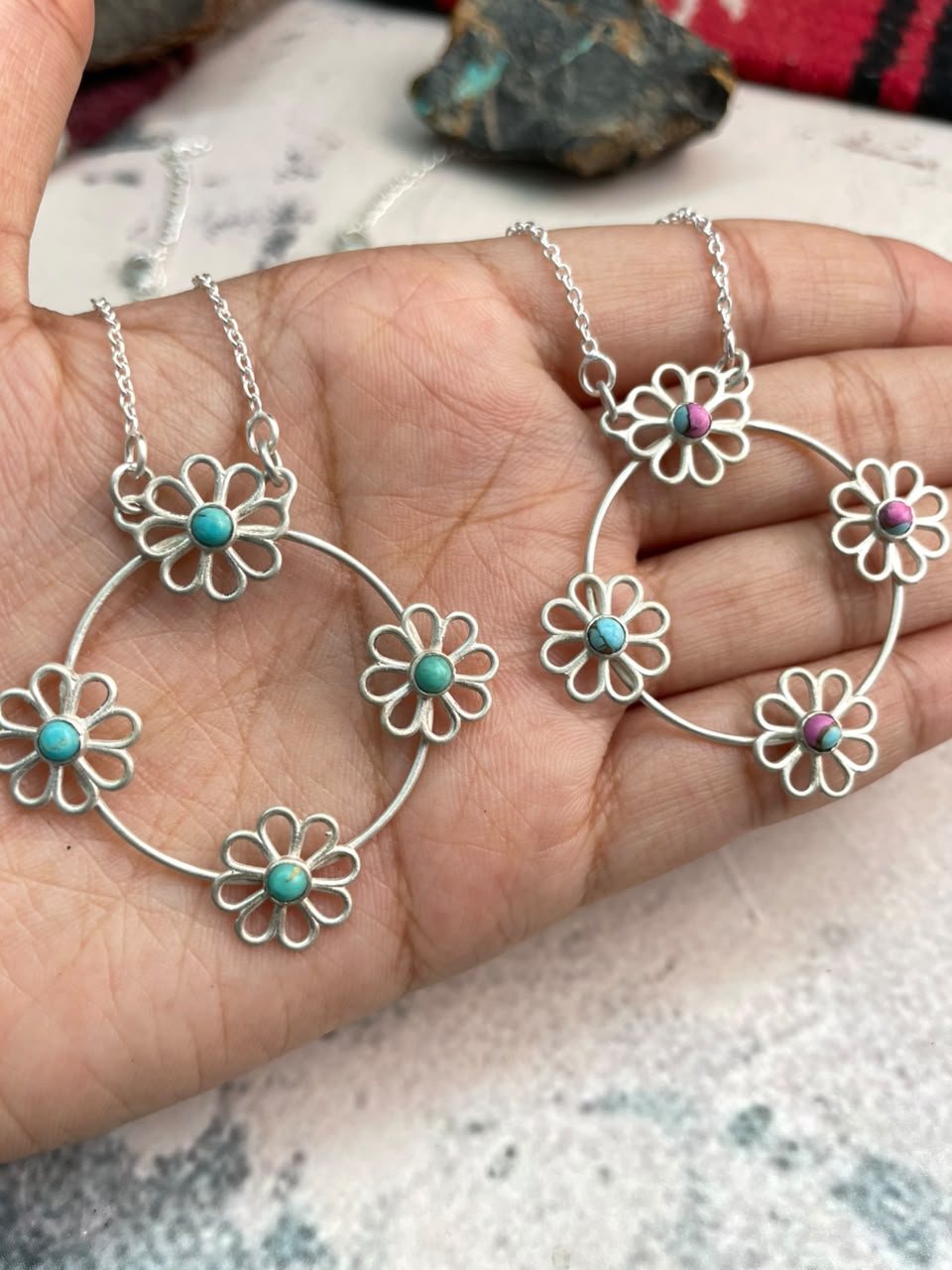 Handmade Sterling Silver Cotton Candy and Kingman Turquoise Flower Collection: Necklace