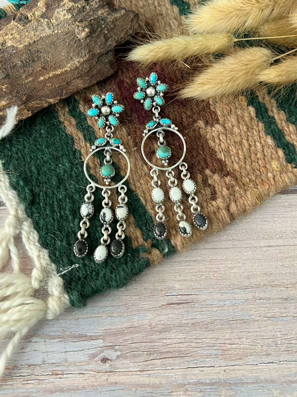 Handmade Sterling Silver Kingman Turquoise with White Buffalo Post Dangle Earrings "Signed Nizhoni"