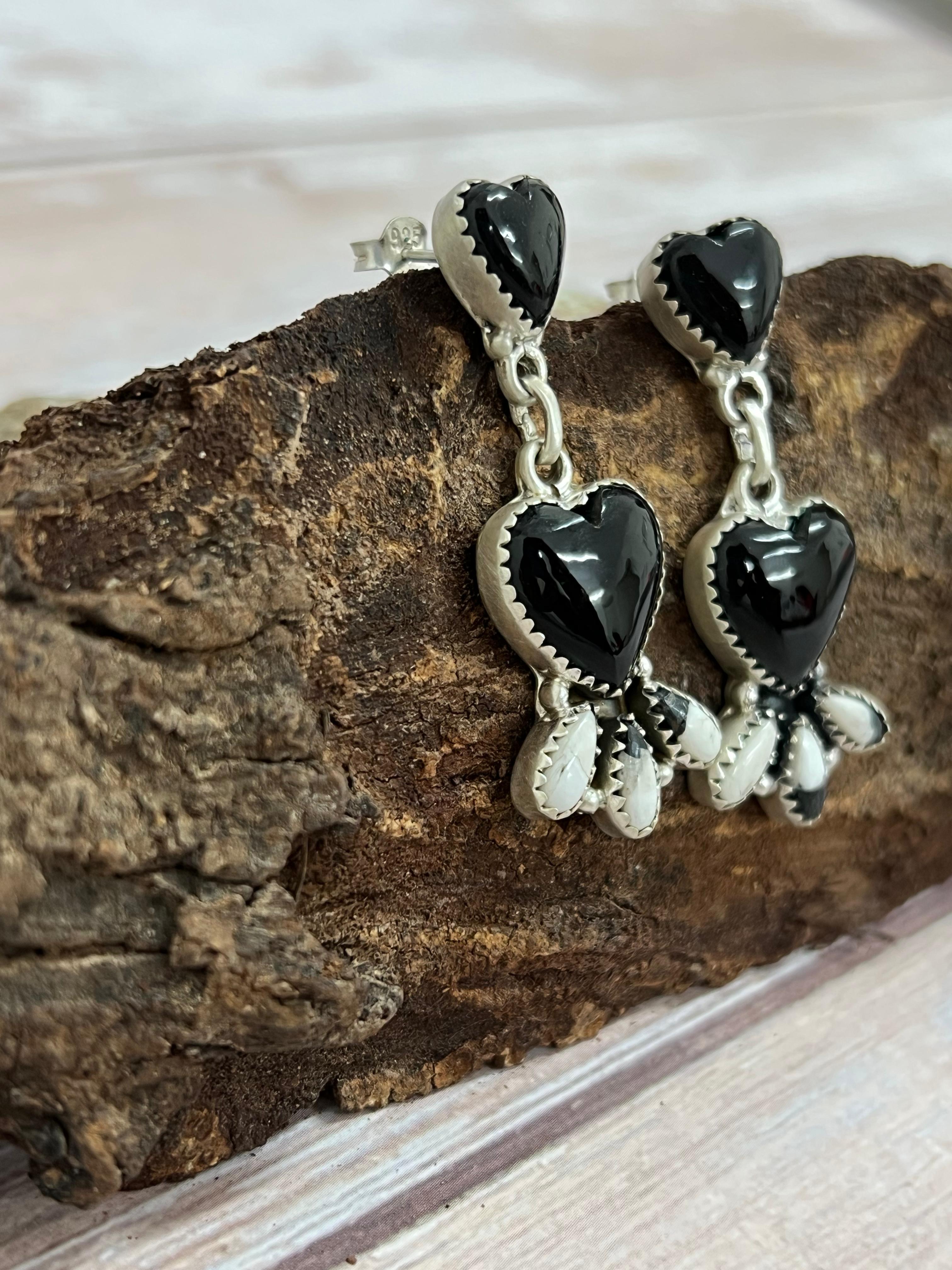 Handmade Sterling Silver o￼Black Onyx with White Buffalo Turquoise Dangle Earrings, Signed Nizhoni