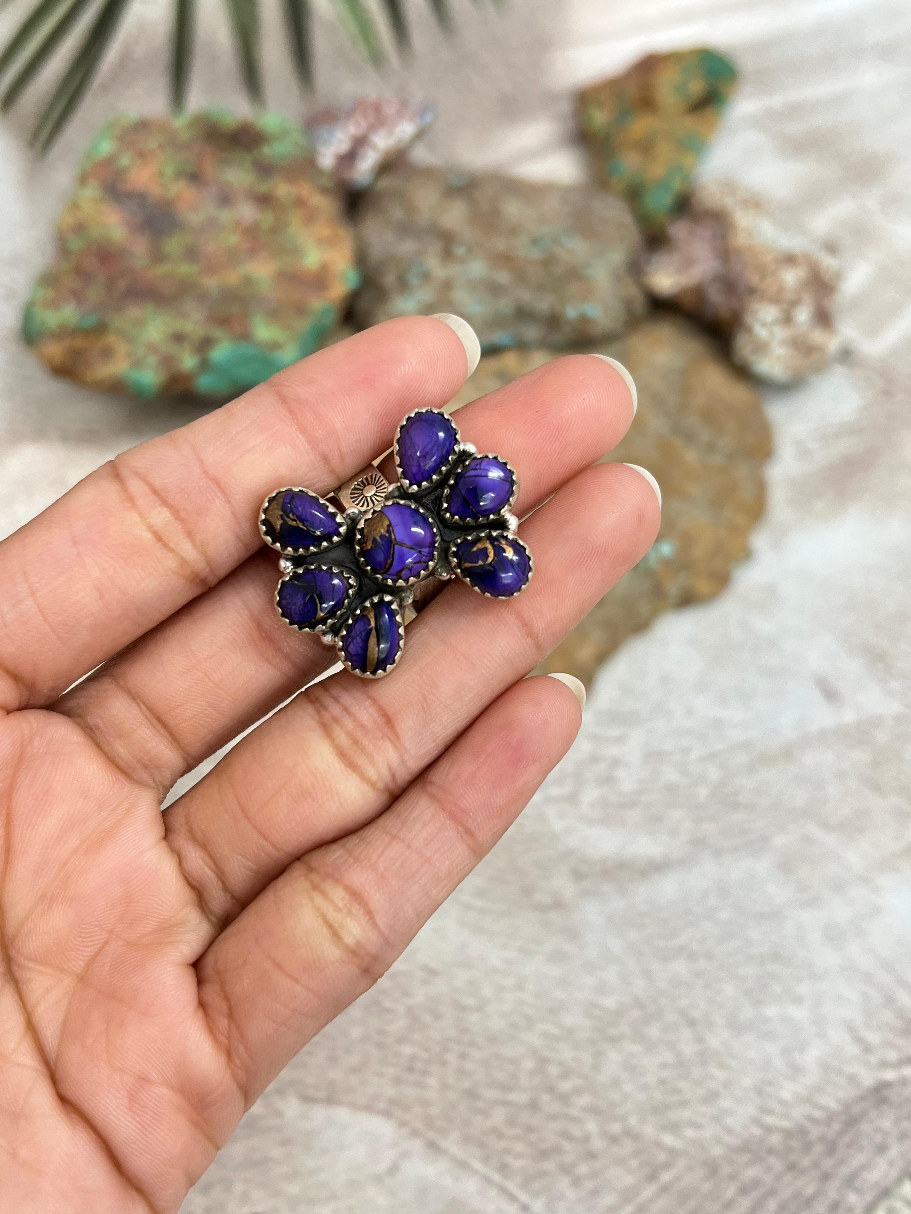 Handmade Sterling Silver Grape Dahlia Adjustable Ring with Signed Nizhoni