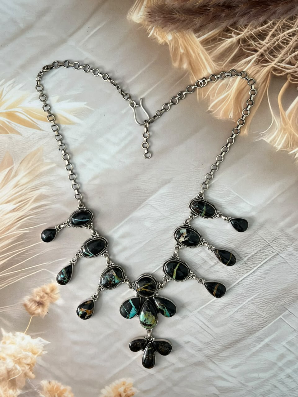 Handmade Sterling Silver Blackjack Turquoise Collection: Necklace Signed Nizhoni