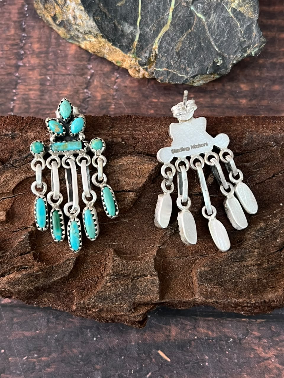 Handmade Sterling Silver Kingman Turquoise Post Dangle Earrings Signed Nizhoni