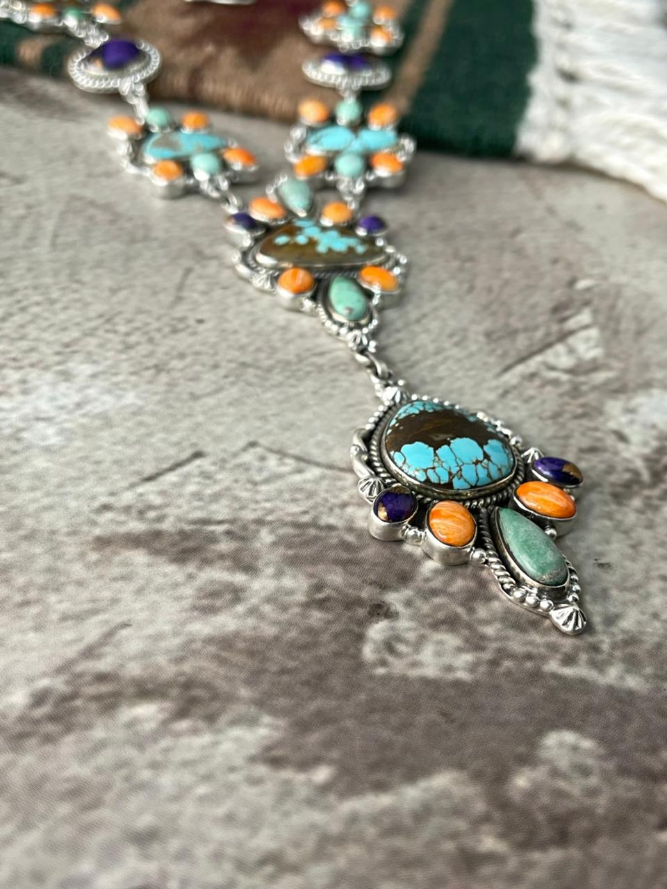 Handmade Sterling Silver Orange Oyster with Grape Dahlia, Number 8 and Variscite Necklace "Signed Nizhoni"