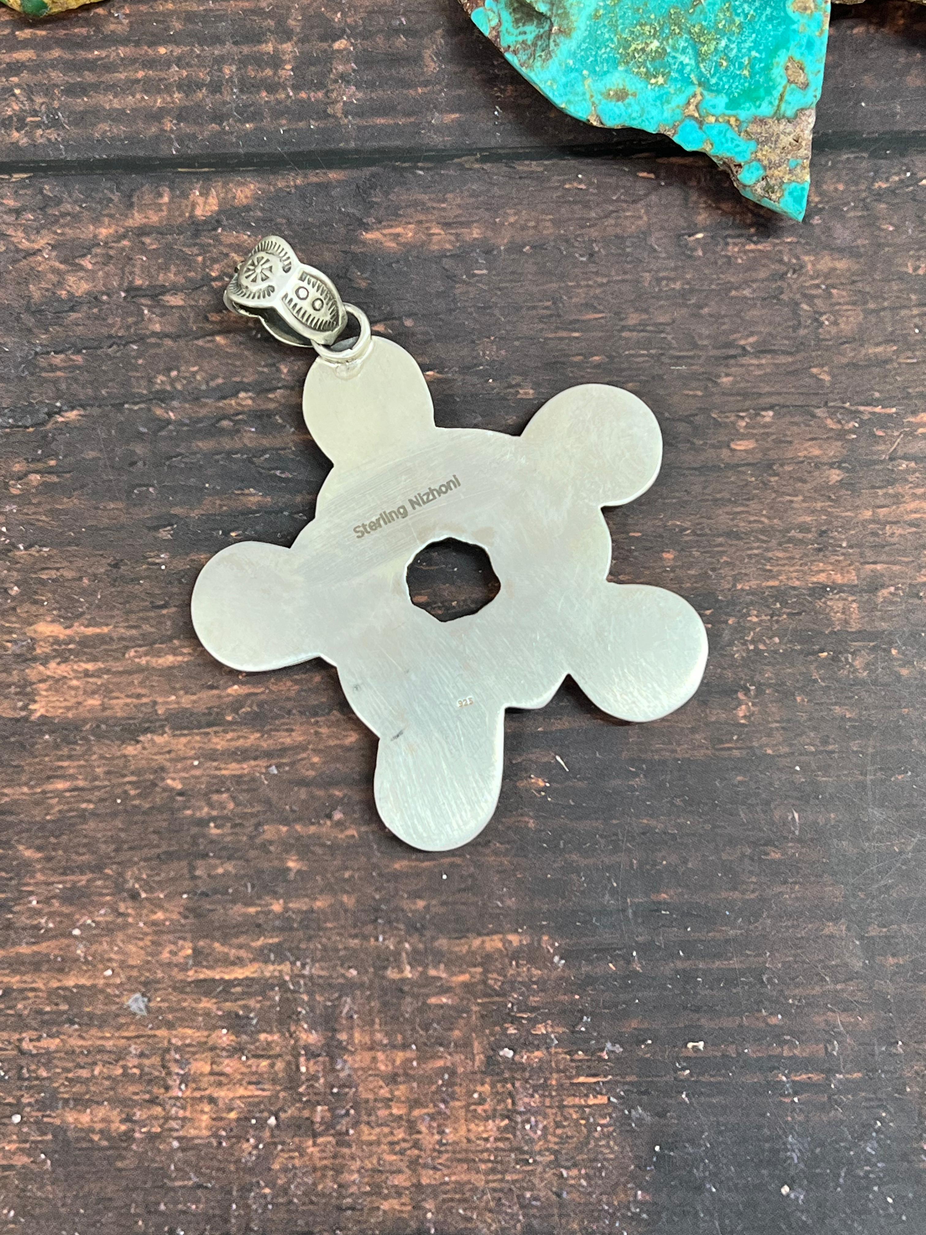 Handmade Sterling Silver Coral with Emerald Valley Pendant, Signed Nizhoni