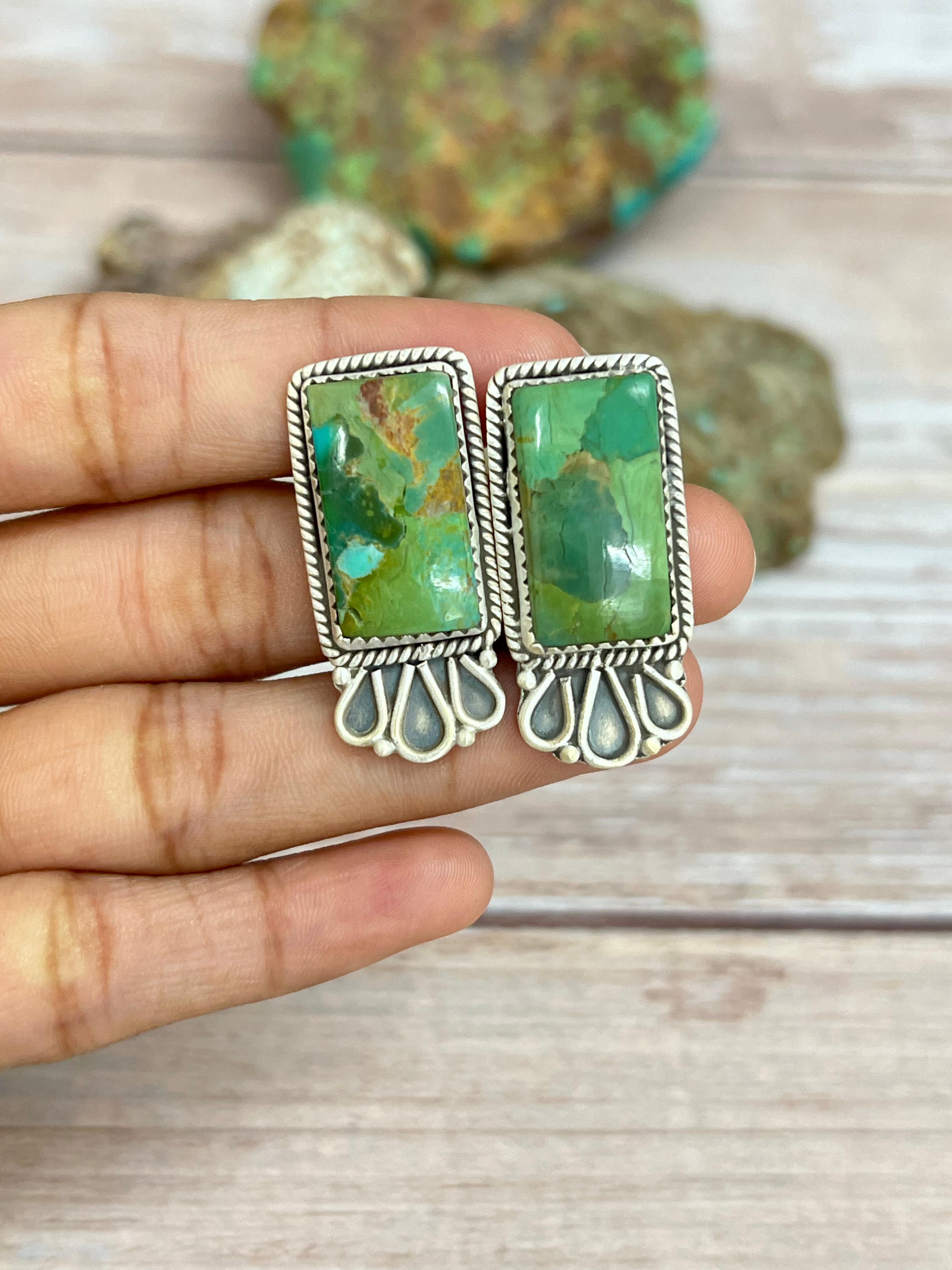 Handmade Sterling Silver Kingman Turquoise Post Earrings with Signed Nizhoni