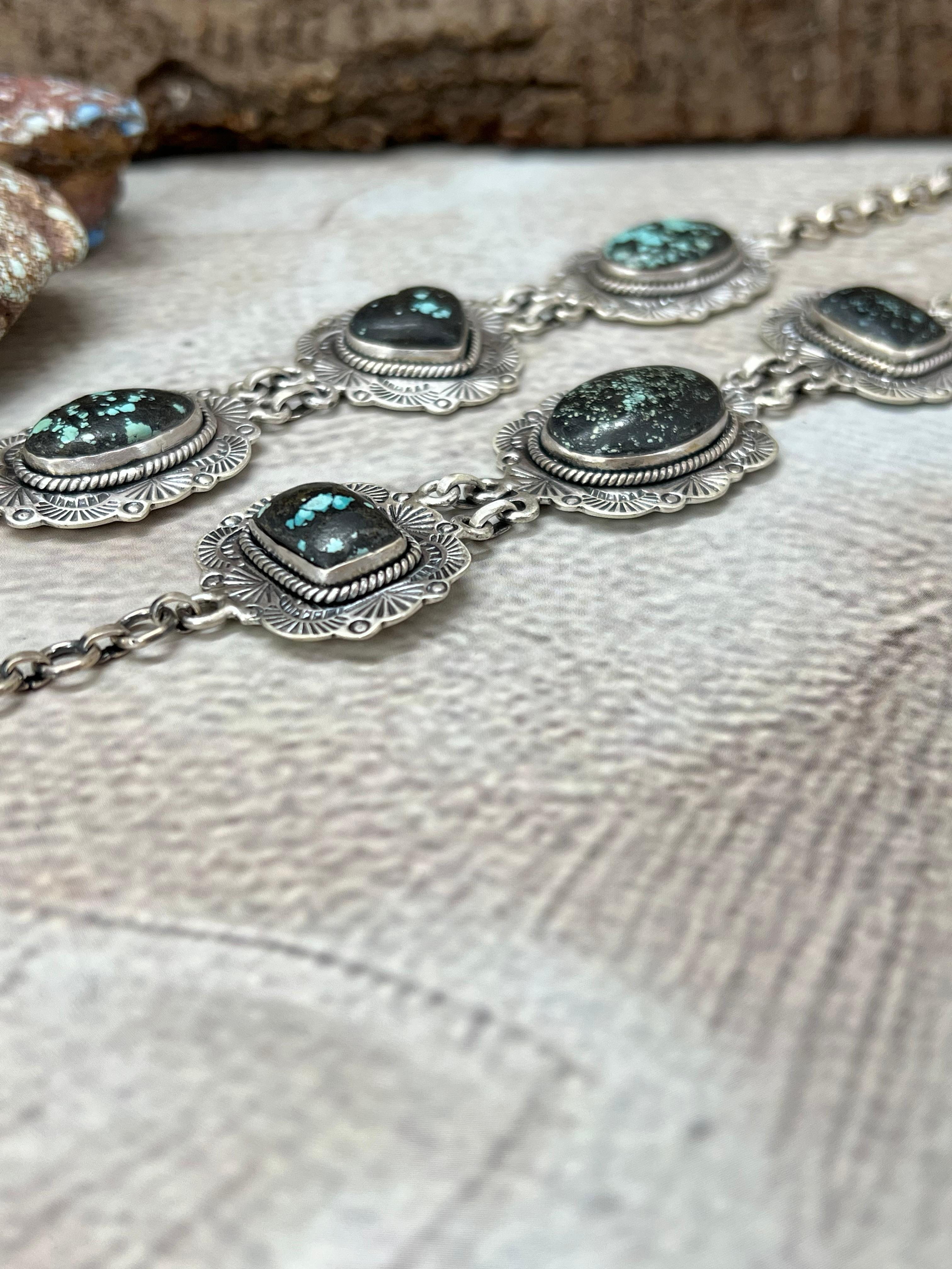 Handmade Sterling Silver Lander Turquoise Chain Bracelet with Signed Nizhoni