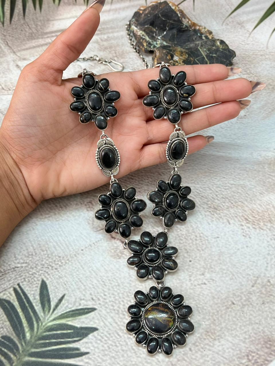 Handmade Sterling Silver Blackjack Turquoise Drop Necklace "Signed Nizhoni"