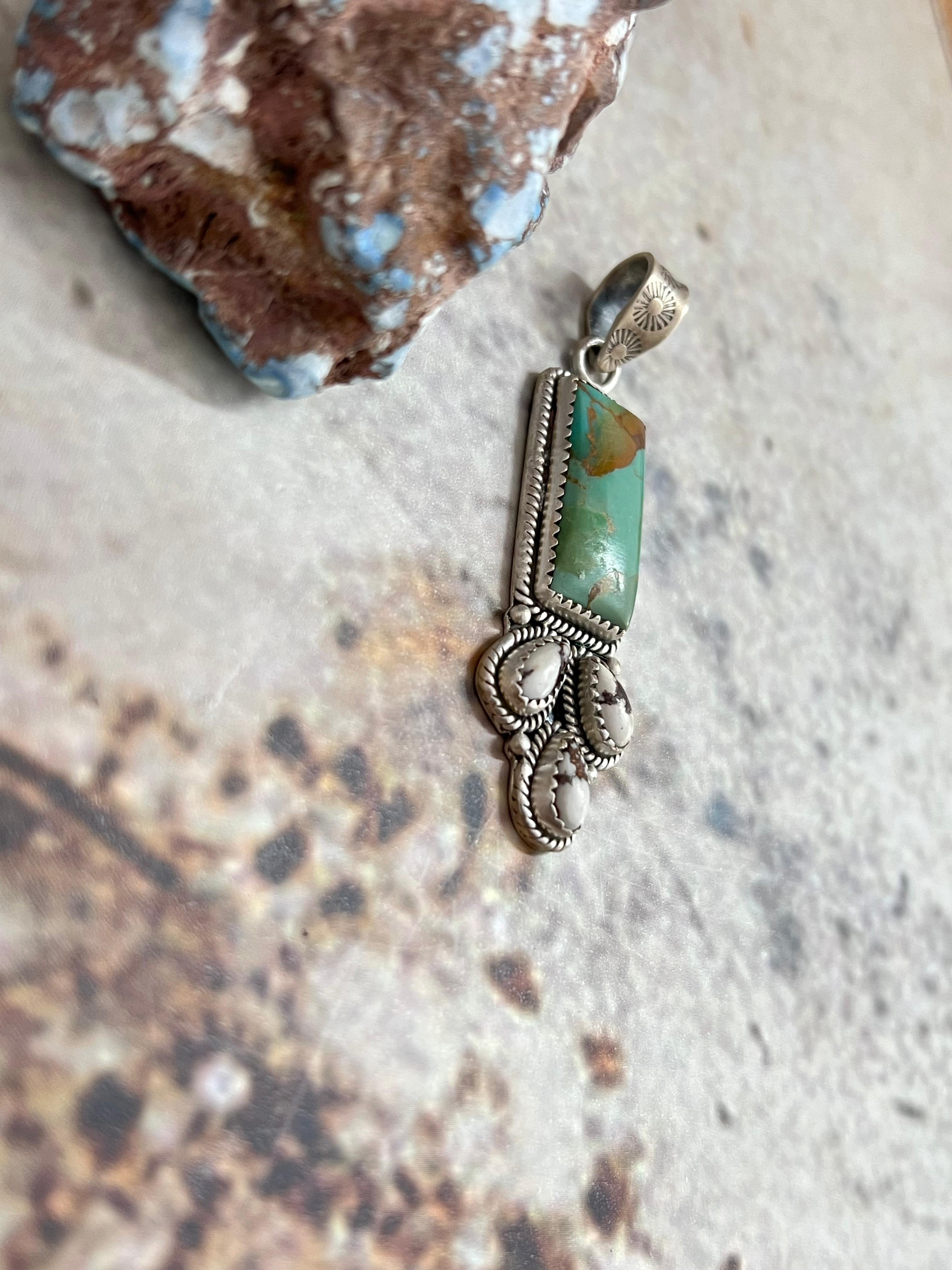 Handmade Sterling Silver Kingman Turquoise & Wild Horse Pendant with Signed Nizhoni