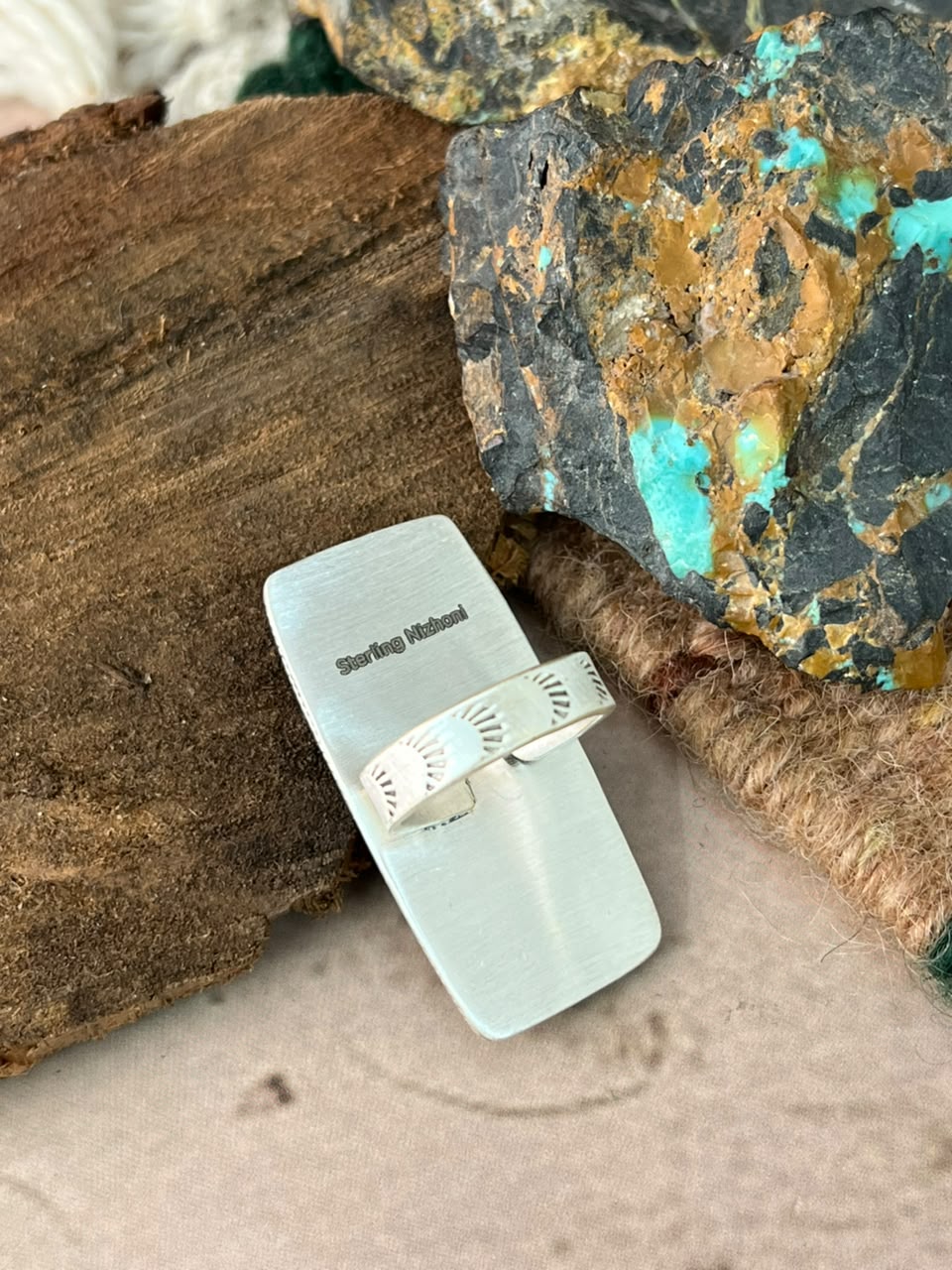 Handmade Sterling Silver Kingman with Paloma Turquoise Adjustable Ring Signed Nizhoni