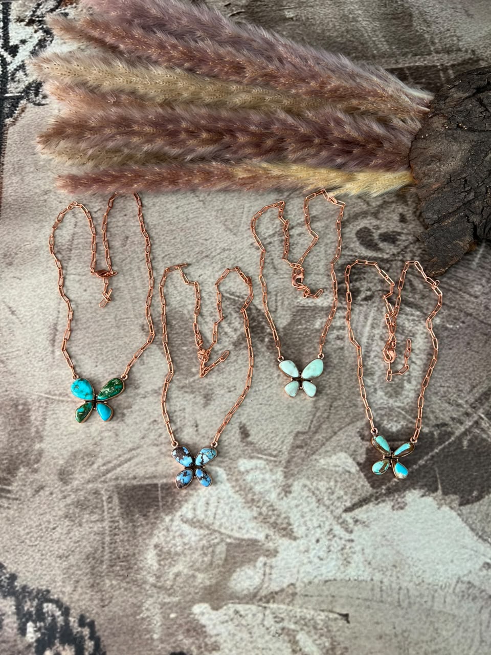 Handmade Royston, Paloma, Sonoran Mountain and Golden Hills Turquoise Copper Collection: Butterfly Necklace Signed Nizhoni