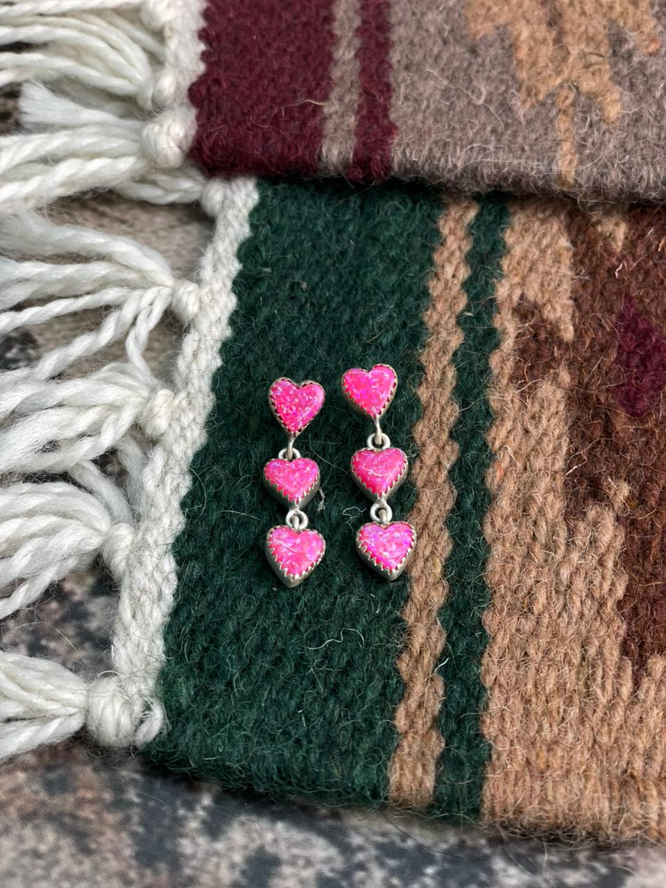 Handmade Sterling Silver Hot Pink Heart Post Dangle Earrings "Signed Nizhoni"