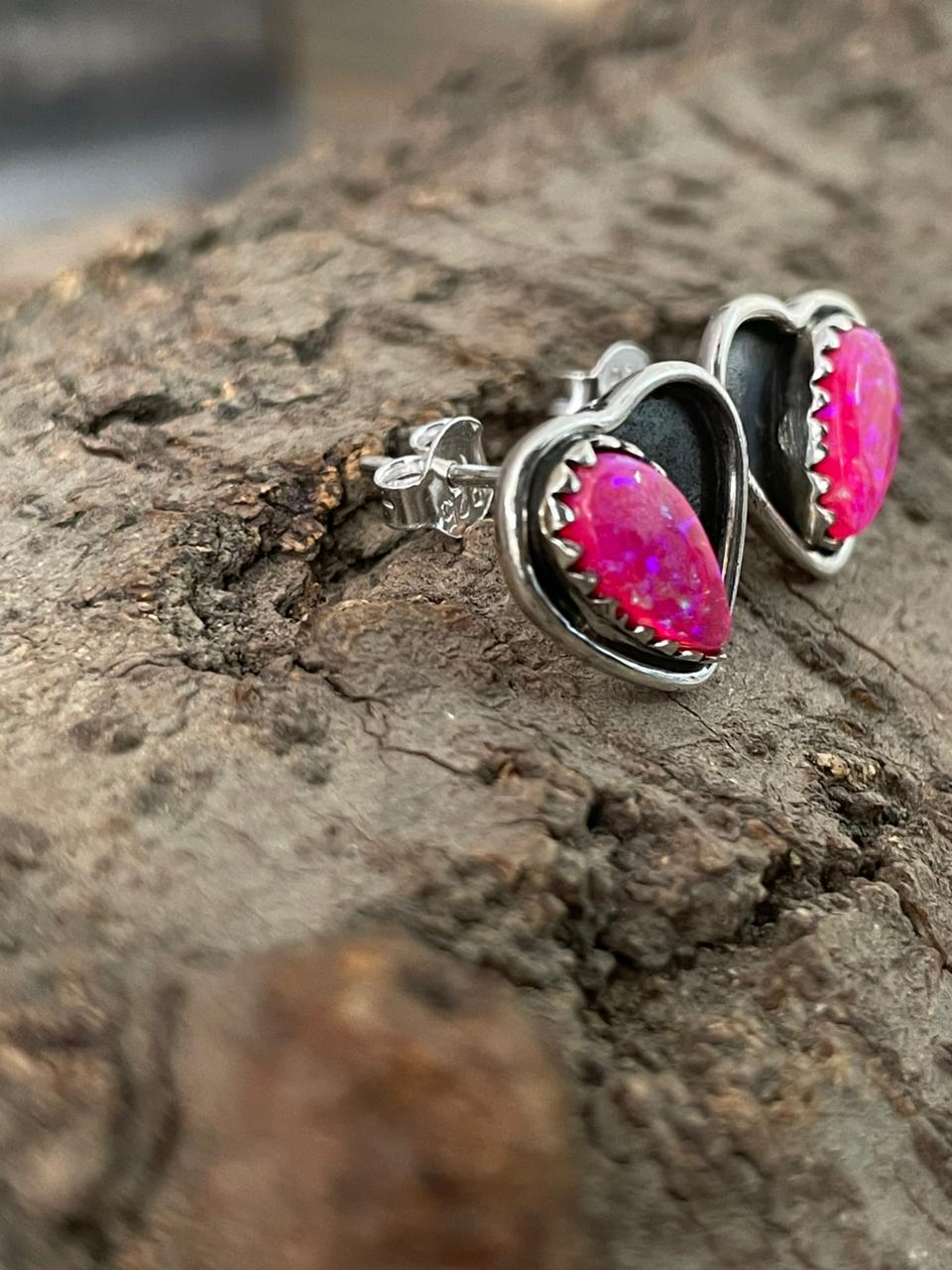 "Heart Collection" Handmade Sterling Silver Hot Pink Post Studs Earrings "Signed Nizhoni"