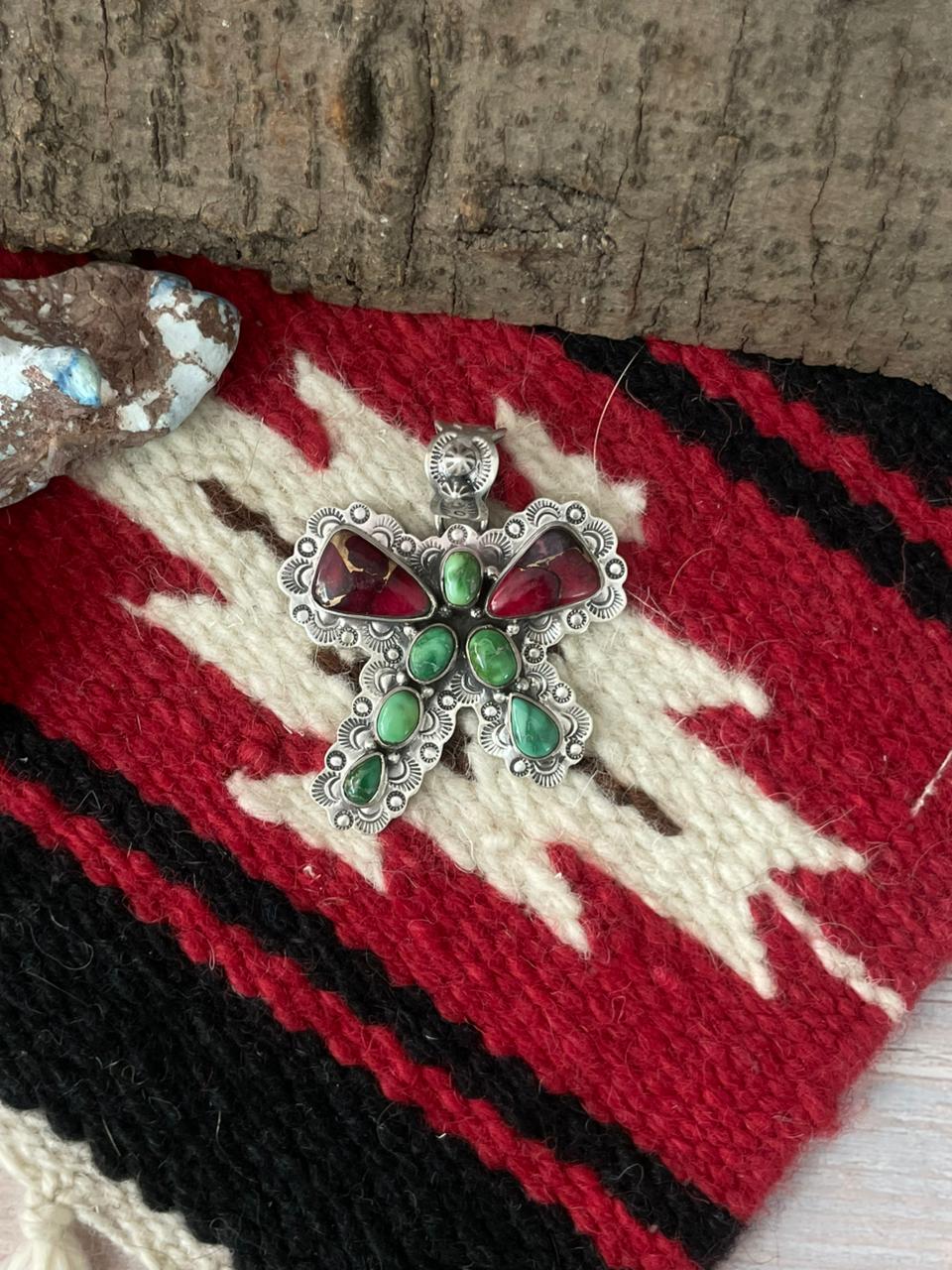 Handmade Sterling Silver Dahlia Rose with Emerald Valley Turquoise Pendant "Signed Nizhoni"