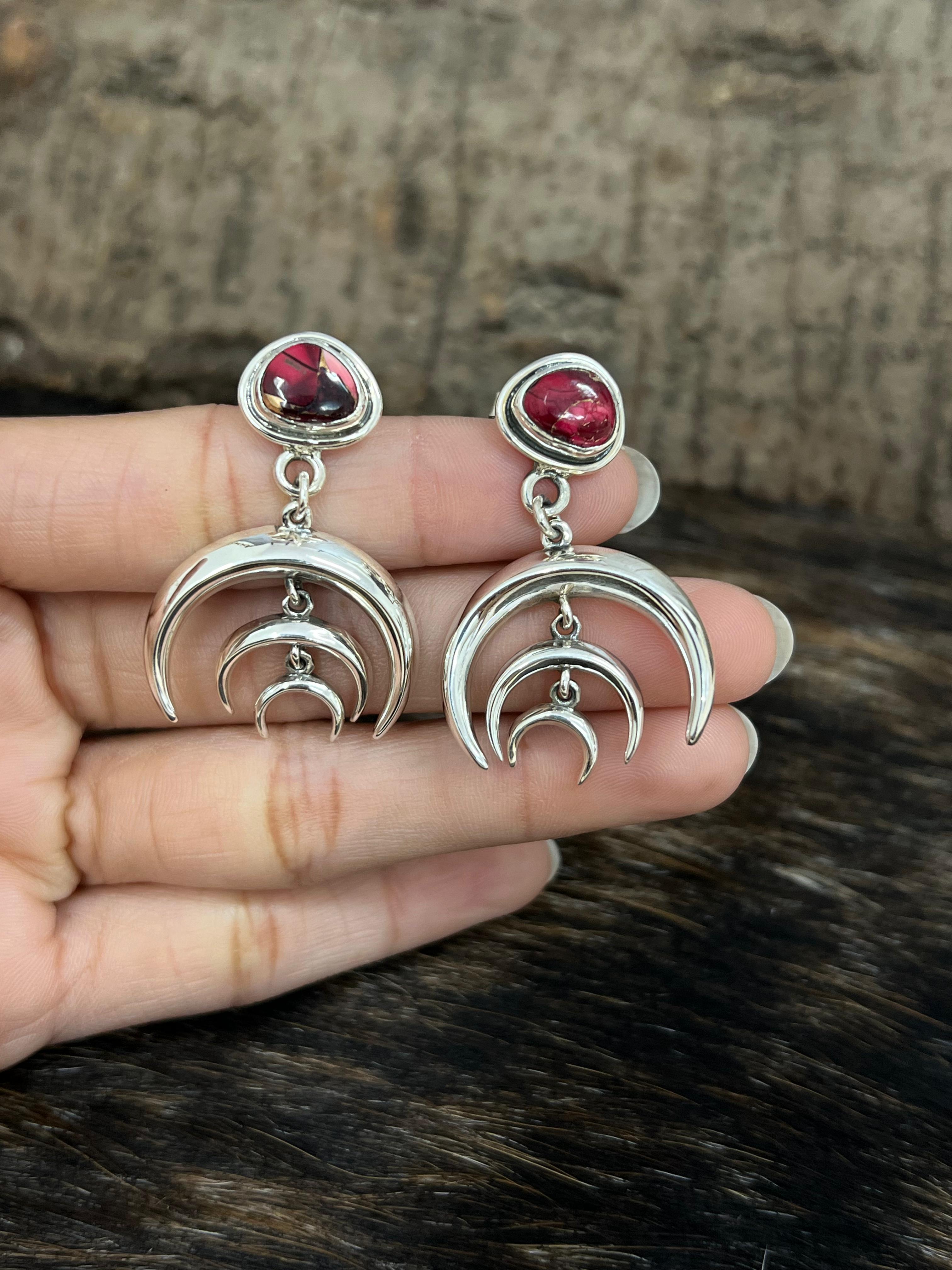 Handmade Sterling Silver Peacock Dahlia, Cotton Candy, Dahlia Rose Moon Shape Earrings, Signed Nizhoni