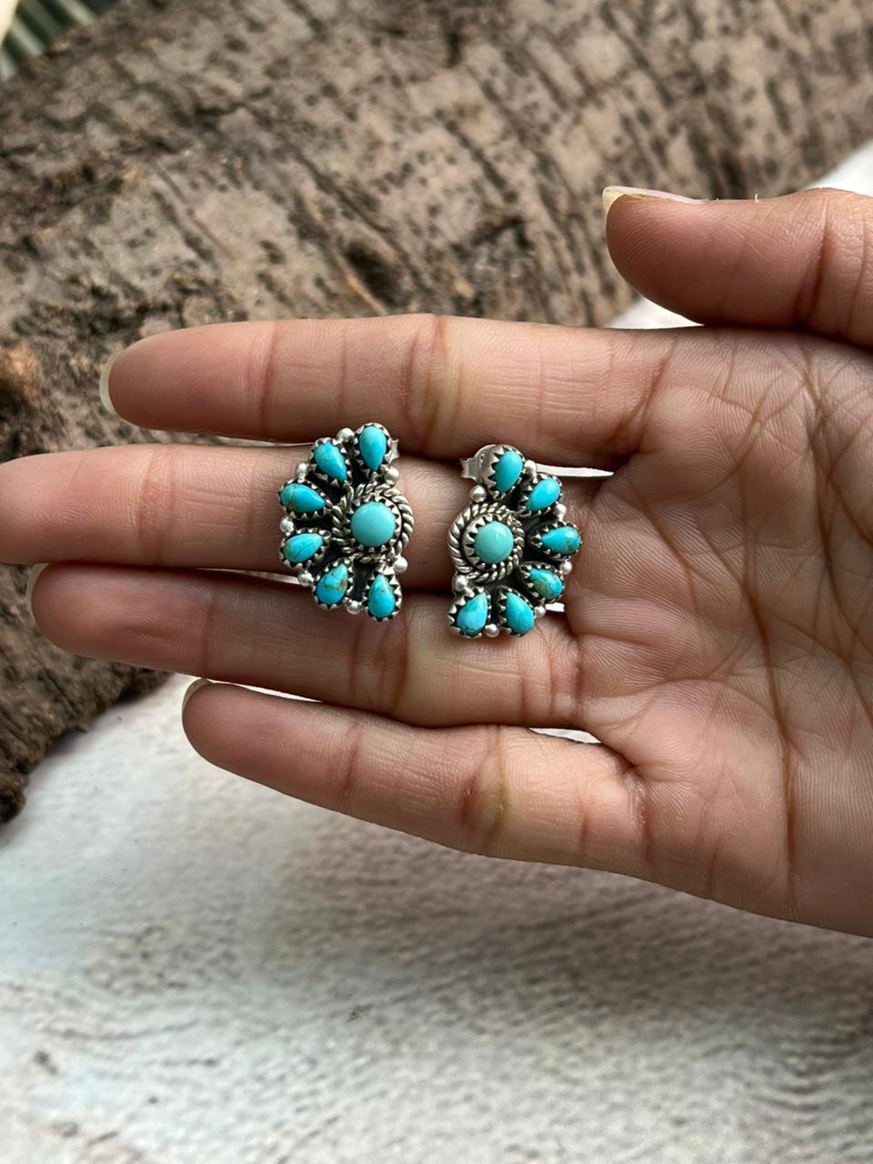Handmade Sterling Silver Kingman Turquoise Post Studs Earrings "Signed Nizhoni"