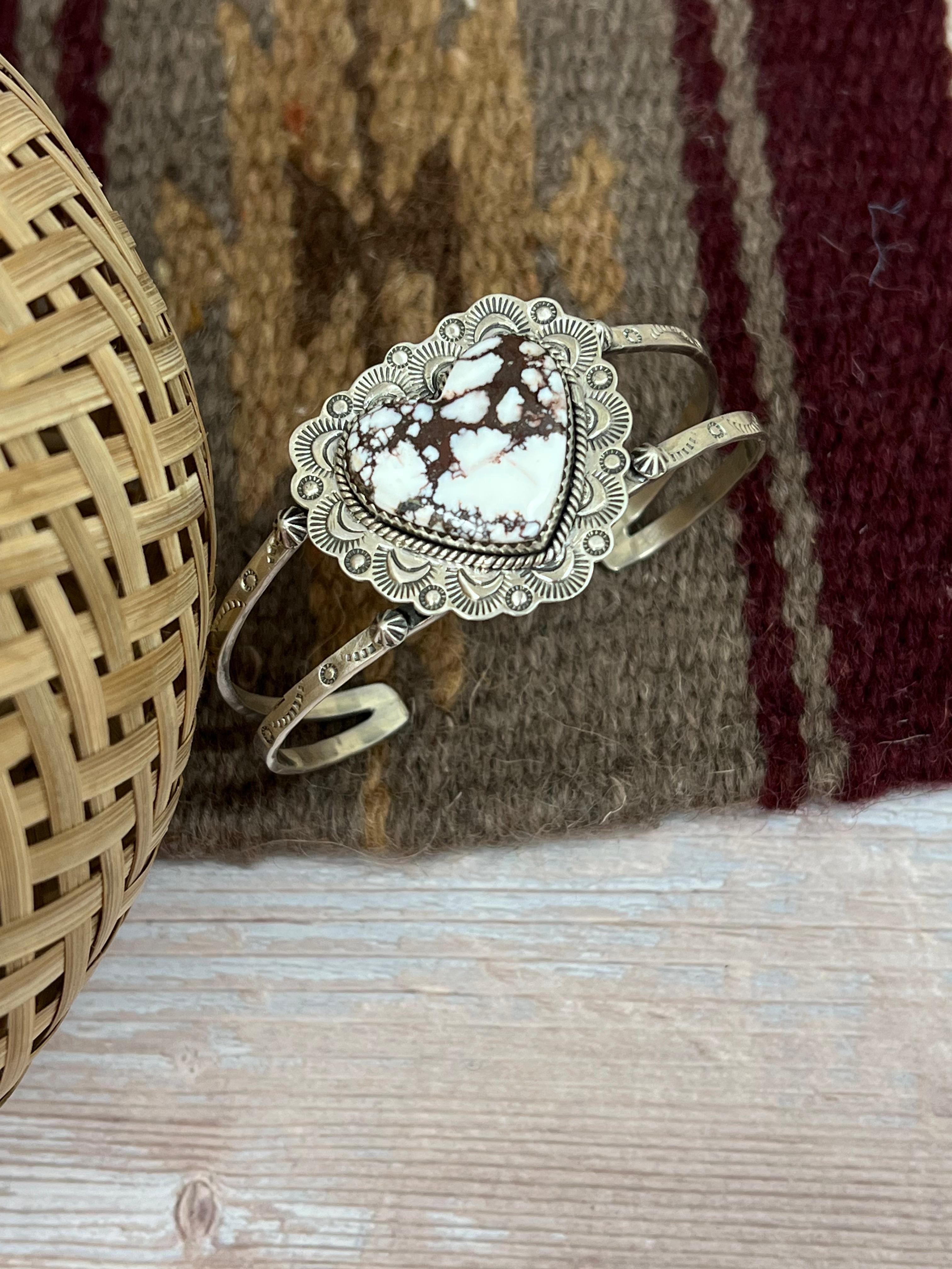 Handmade Sterling Silver Wild Horse Cuff Heart Bracelet with Signed Nizhoni