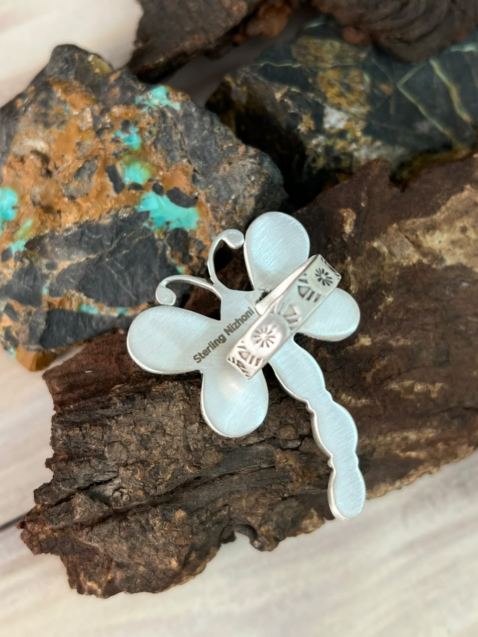 Handmade Sterling Silver Royston Turquoise Butterfly Adjustable Ring Signed Nizhoni