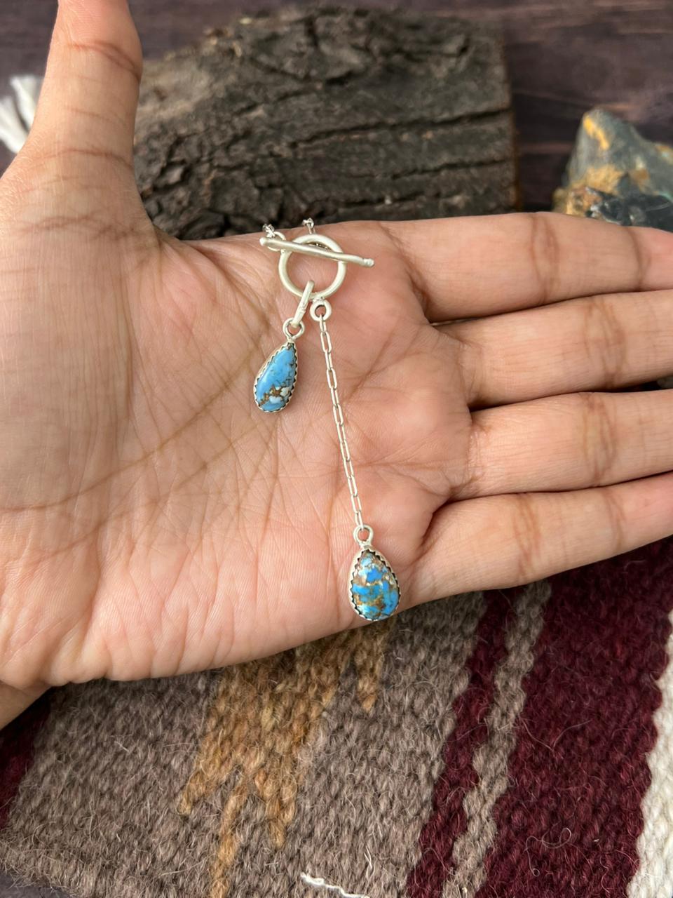 Handmade Sterling Silver Golden Hills Turquoise Lariat Necklace "Signed Nizhoni"