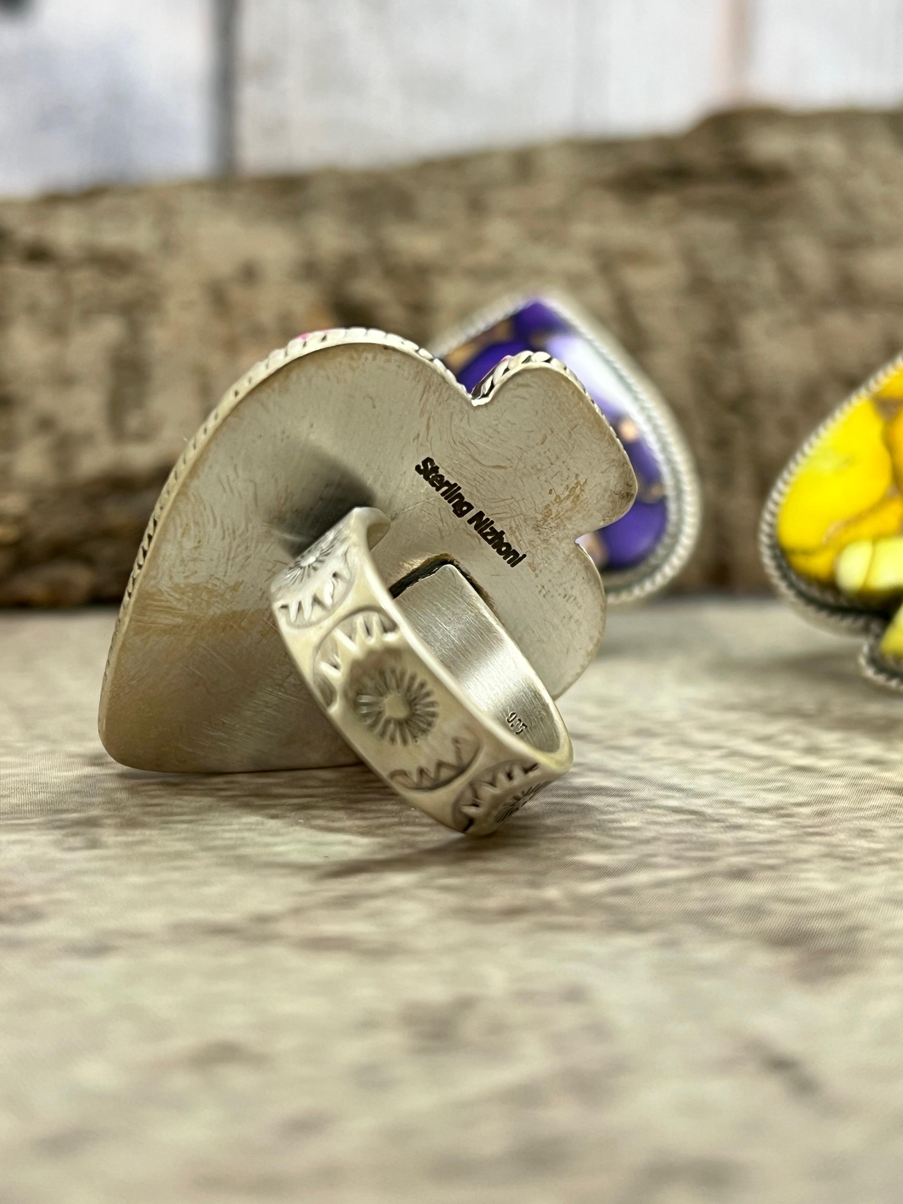 Handmade Sterling Silver Multi Stone Spade Adjustable Ring with Signed Nizhoni