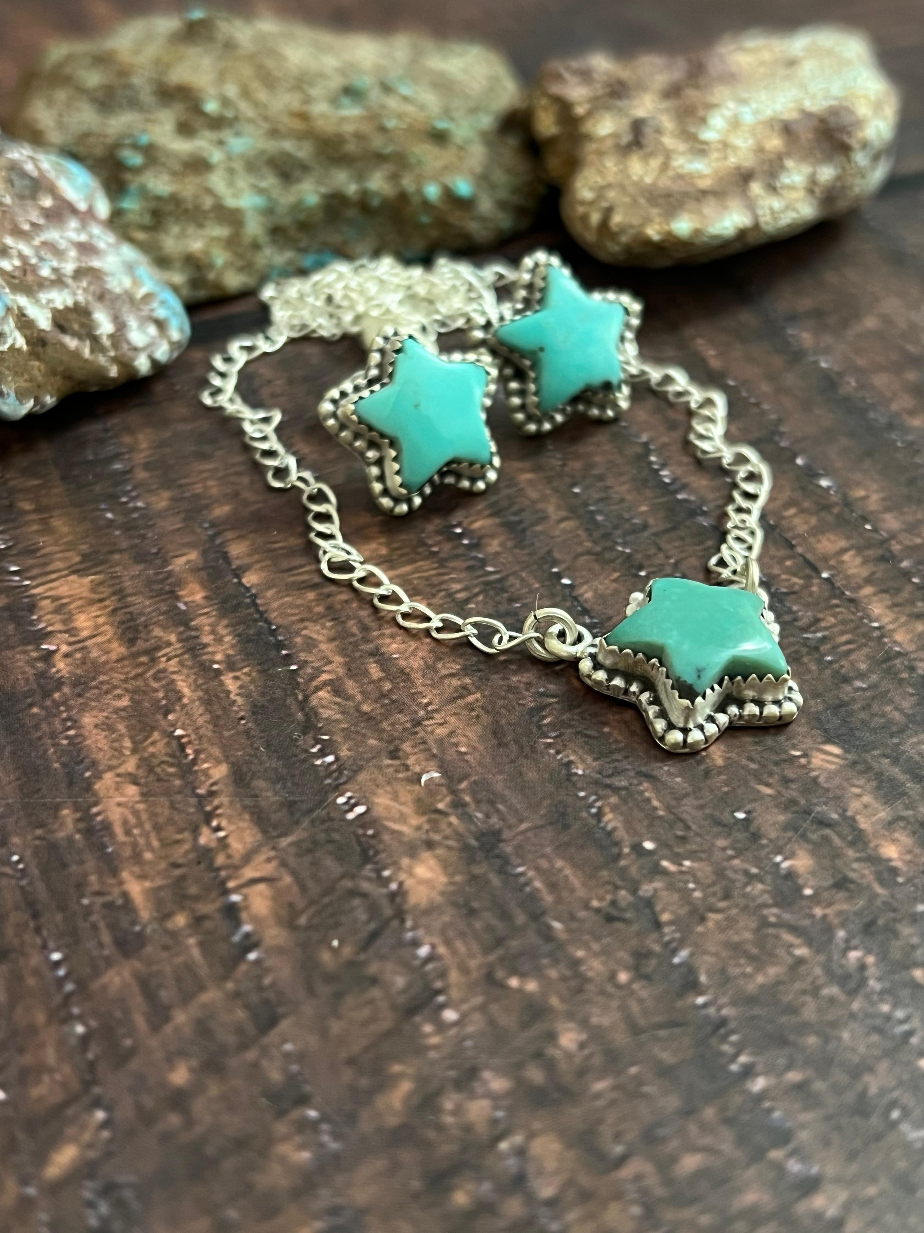 Handmade Sterling Silver Campitos Turquoise Star Necklace Earrings Set, Signed Nizhoni